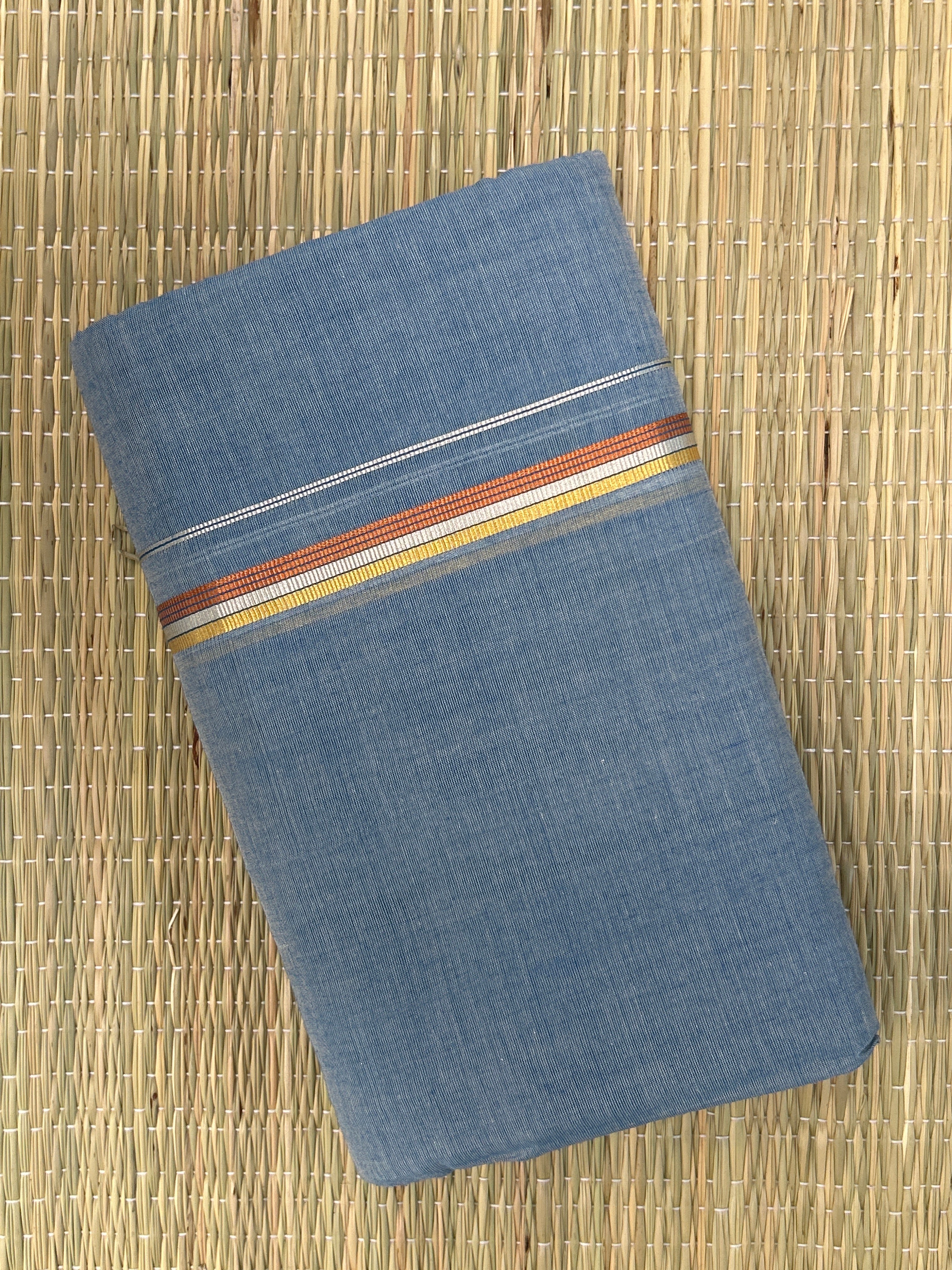 Blue Handloom Dhothi - Gold and Maroon Zari