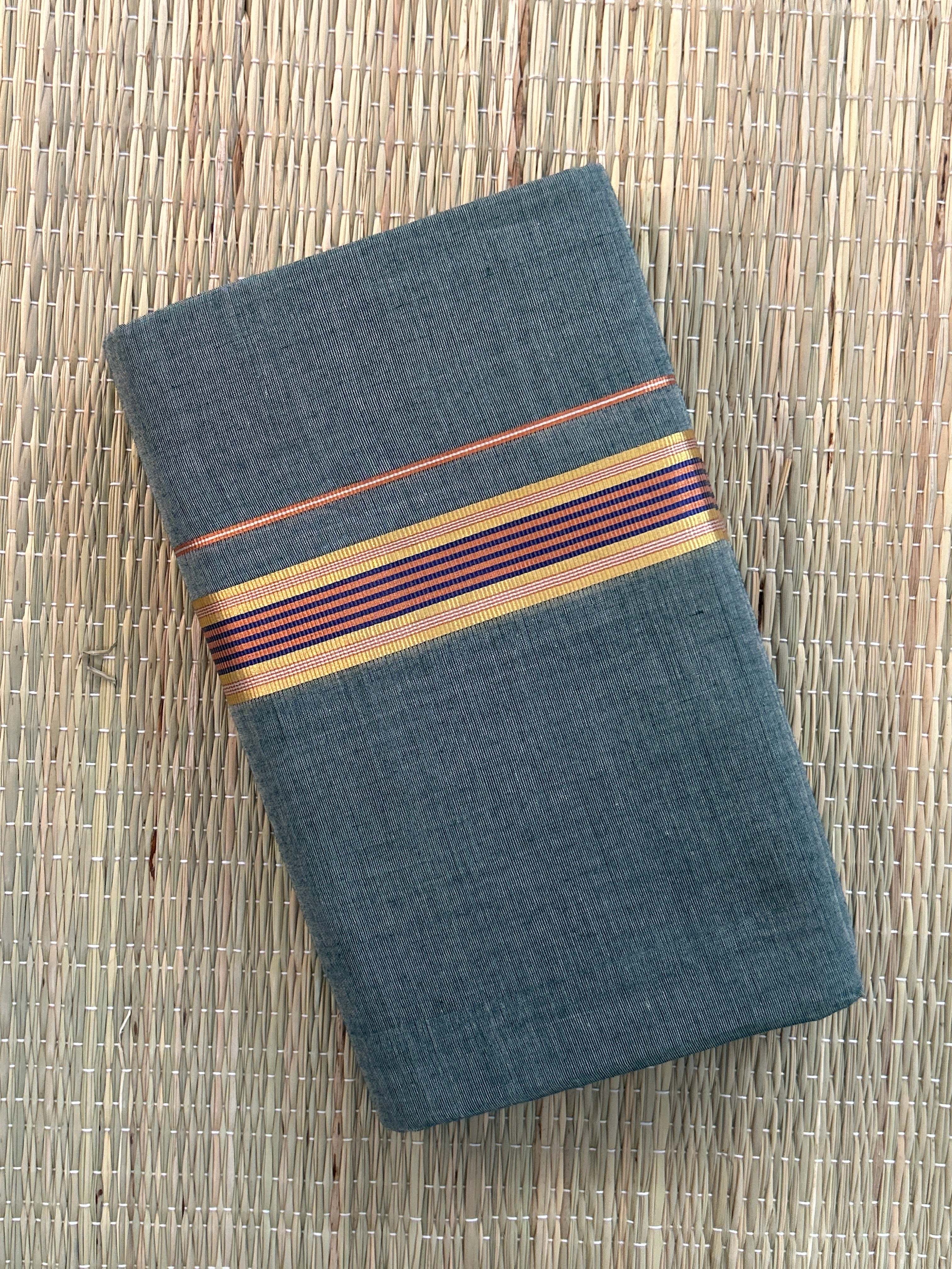 Grey Handloom Dhothi - Gold and Purple Zari