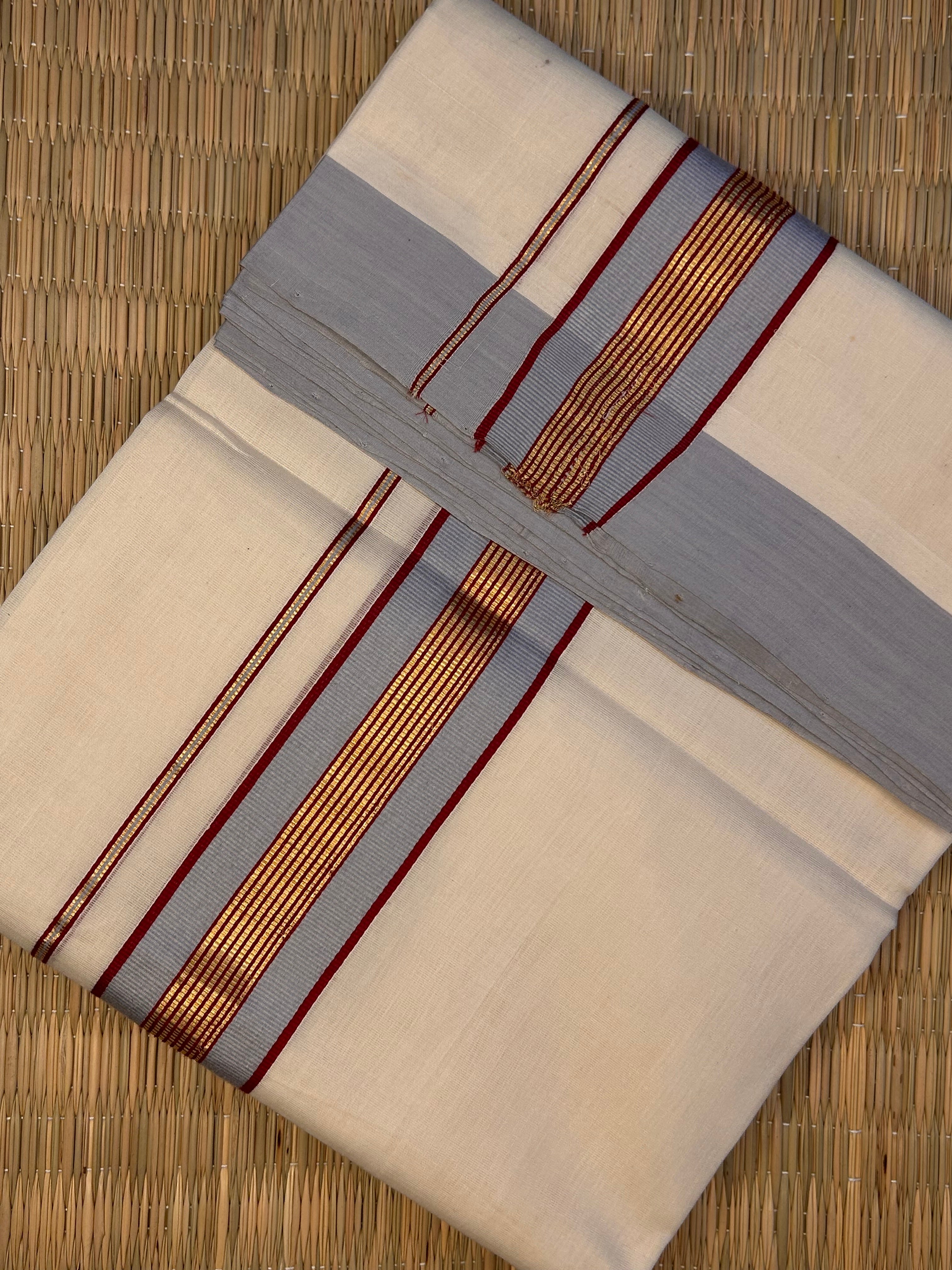 Gold, Silver and Maroon Zari-Off White Handloom Dhoti