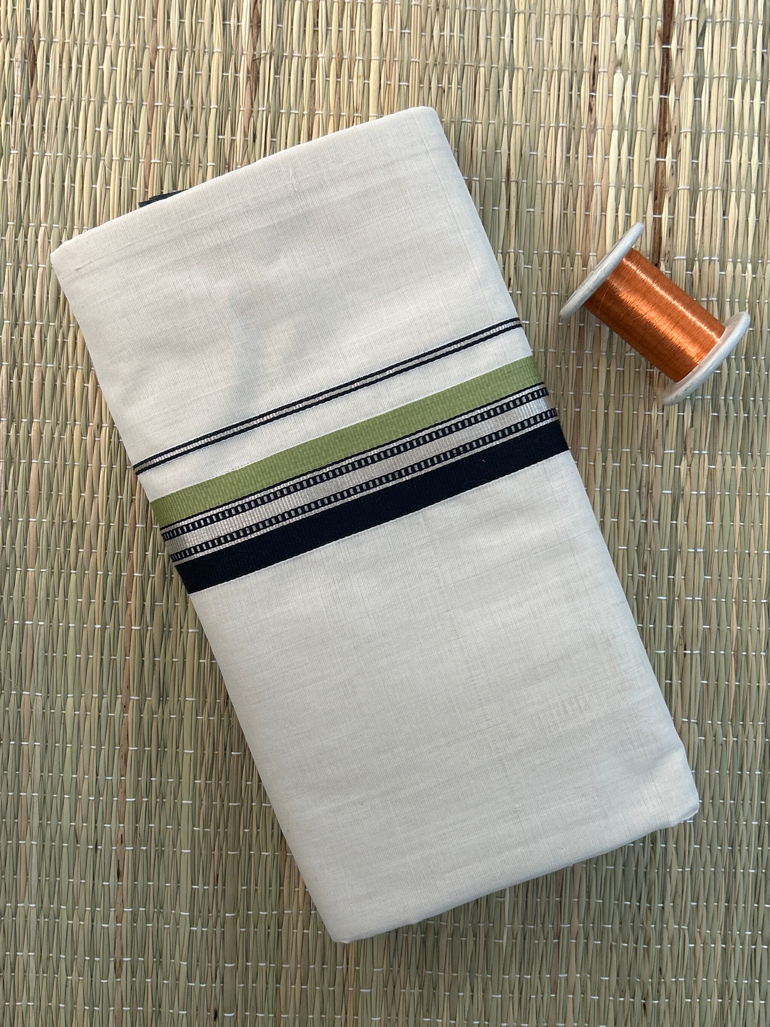 Cream Dhothi - Black and Green Zari Border