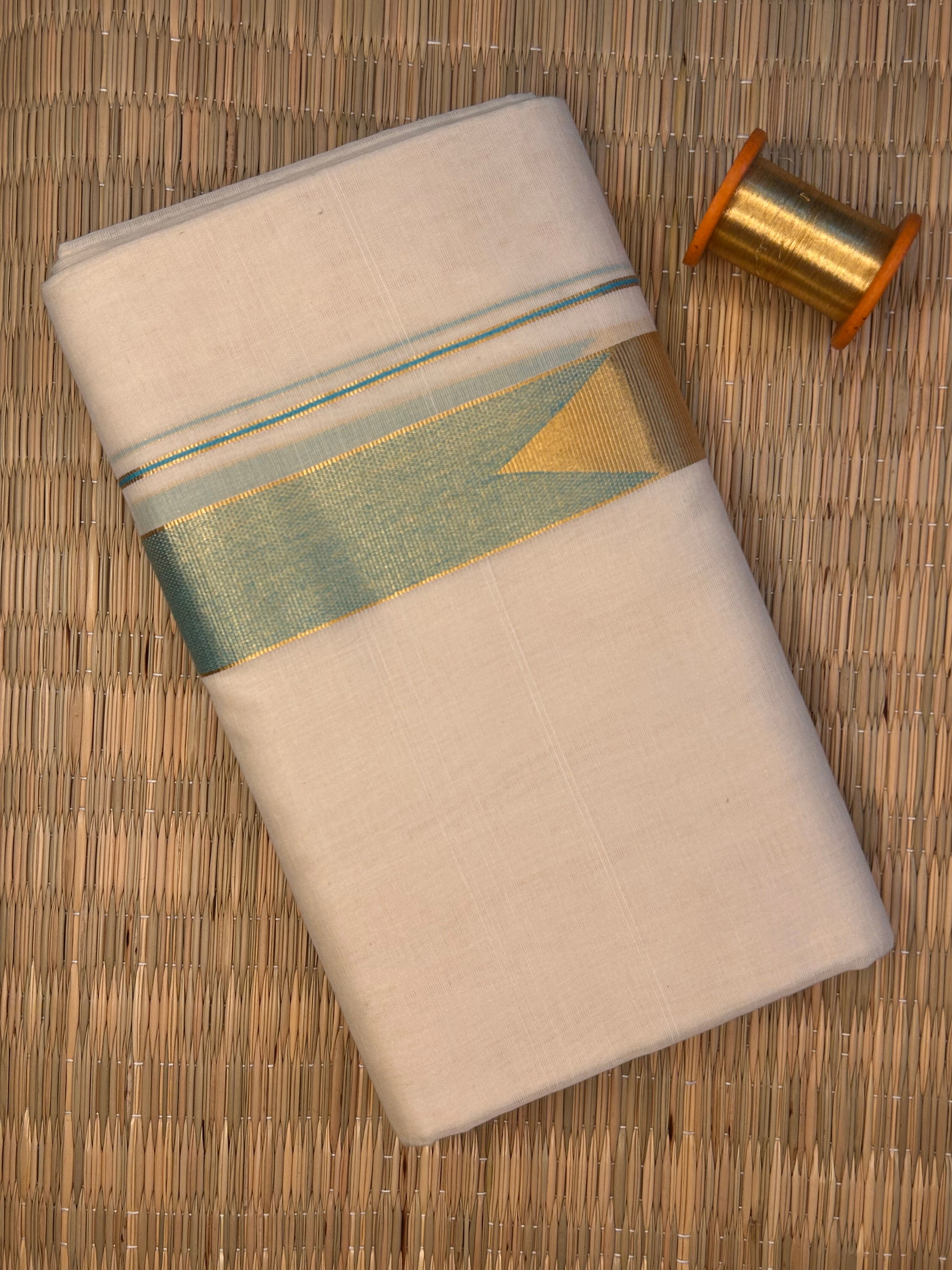 Gold and Mint Green Zari-Off White Handloom Dhothi