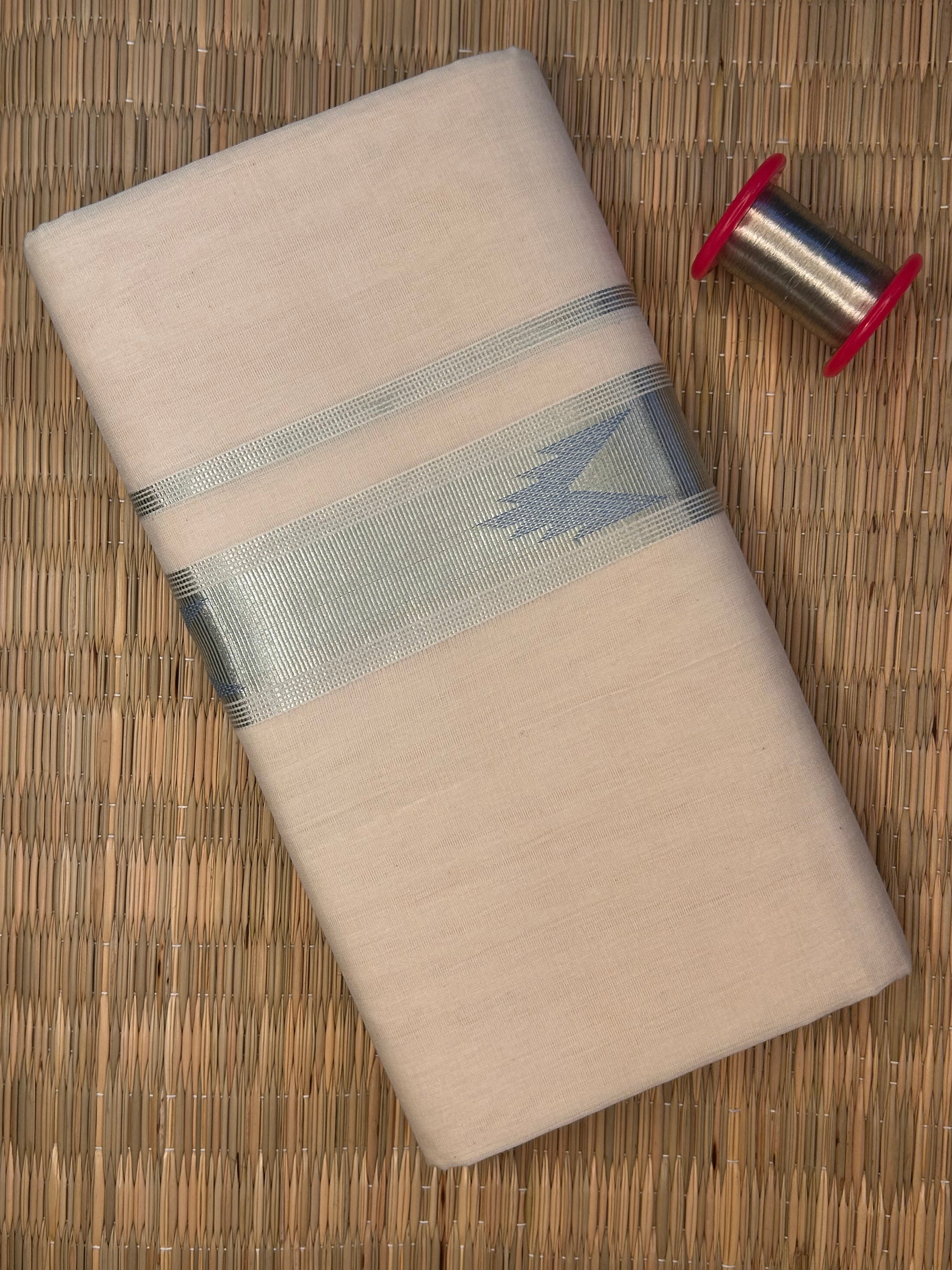 Silver and Sky Blue Zari-Off White Handloom Dhothi