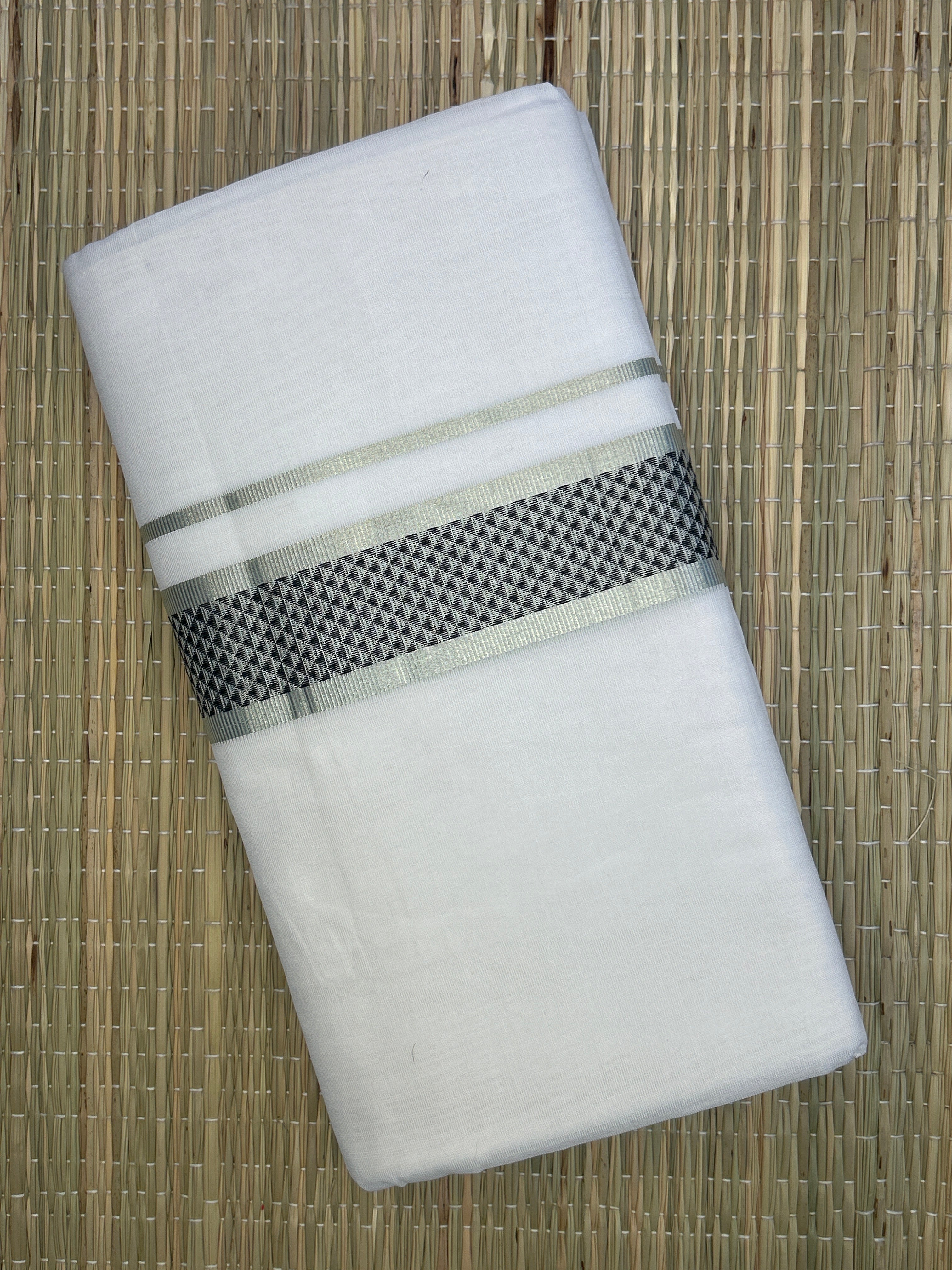 Black and Silver Zari -White Handloom Dhothi