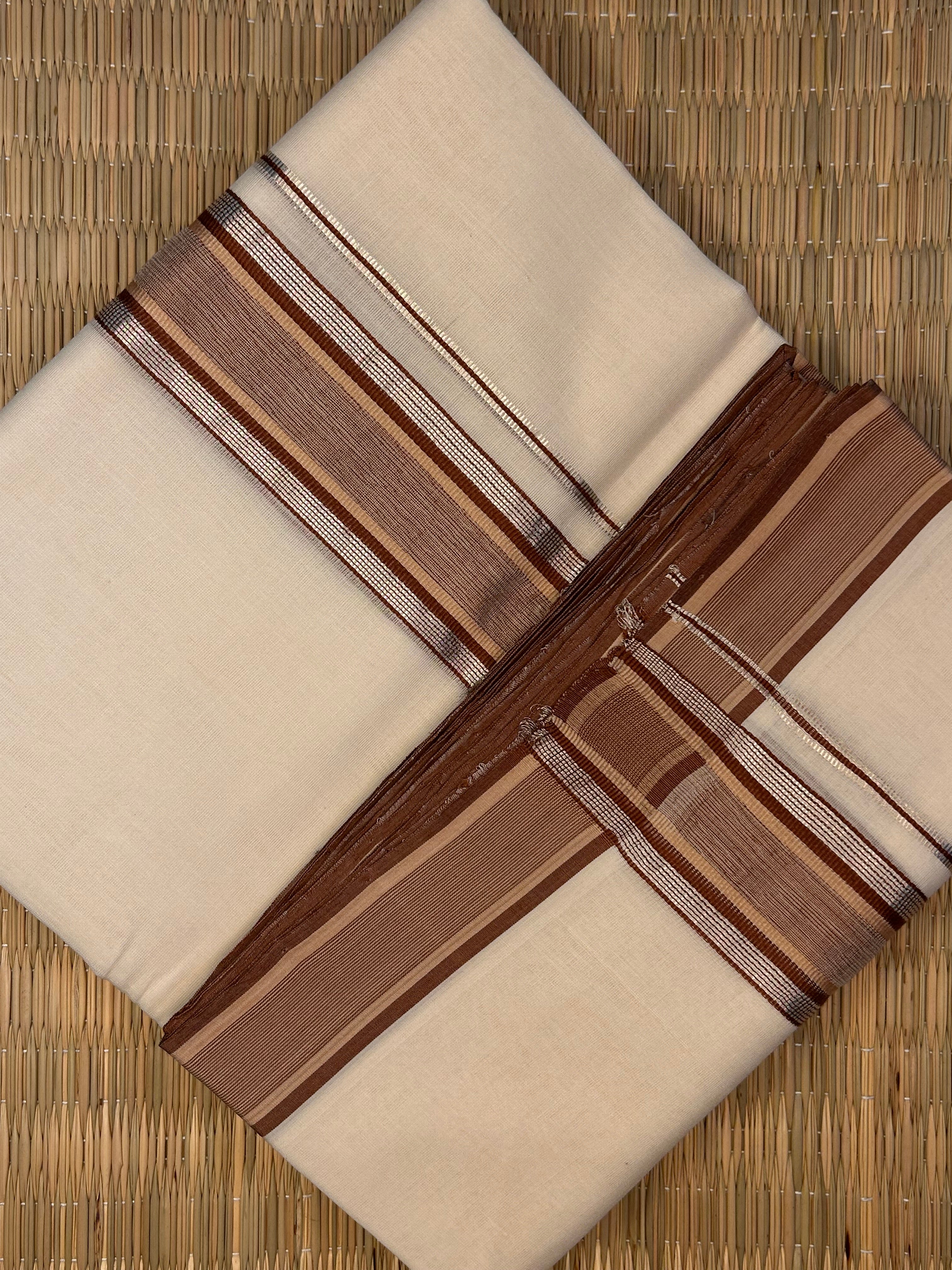Brown and Silver Zari-Off White Handloom Dhoti