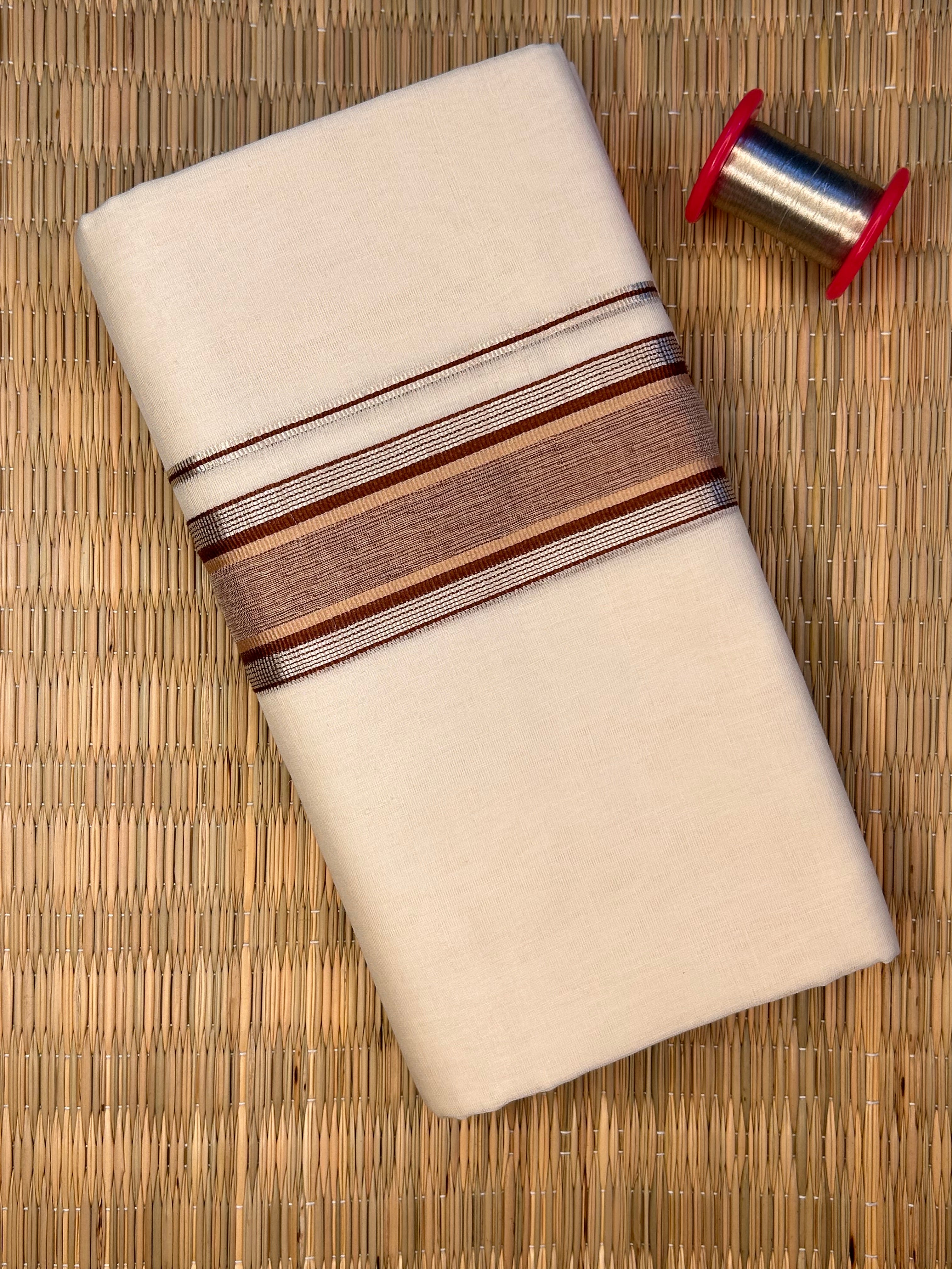 Brown and Silver Zari-Off White Handloom Dhothi