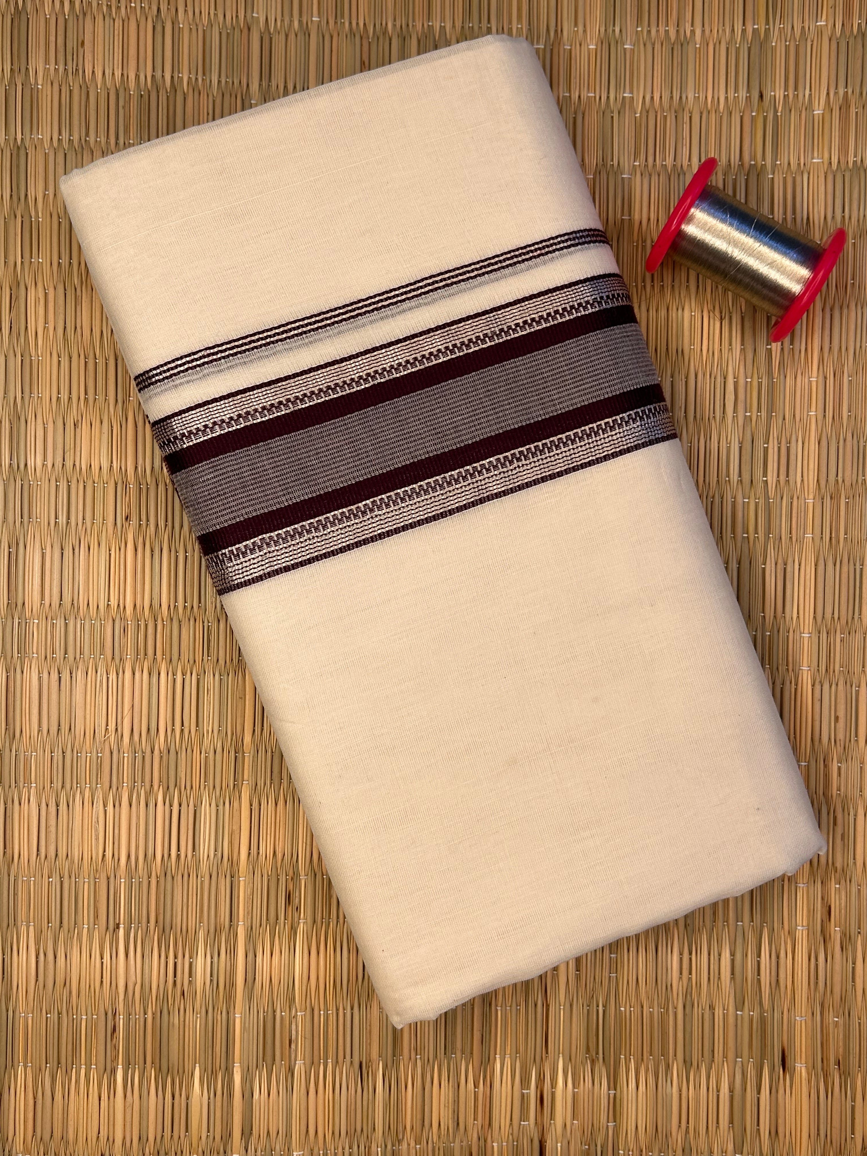 Silver and Maroon Zari-Off White Handloom Dhothi