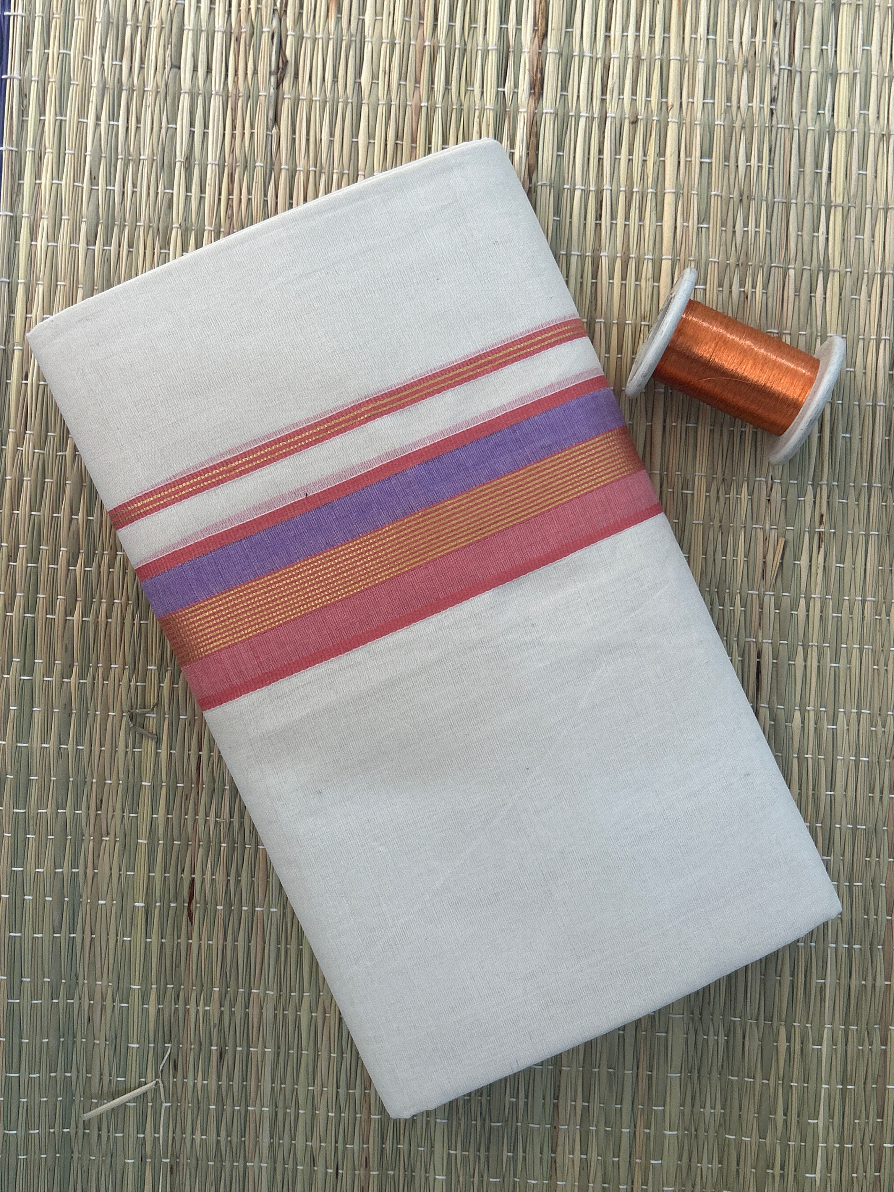 Copper, Lavender and Rose Zari-White Handloom Dhothi