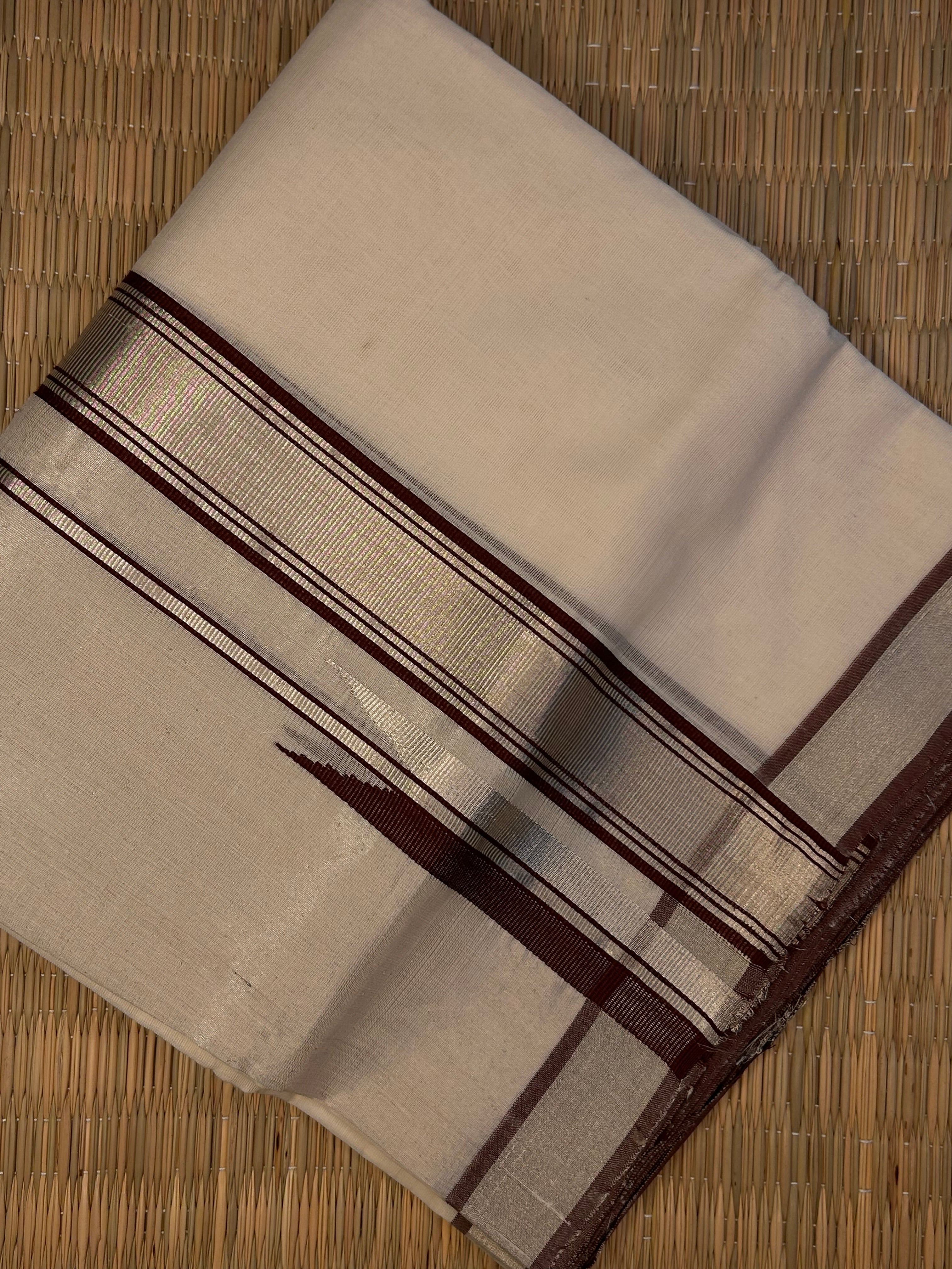 Silver and Maroon Zari-Off White Handloom Dhoti