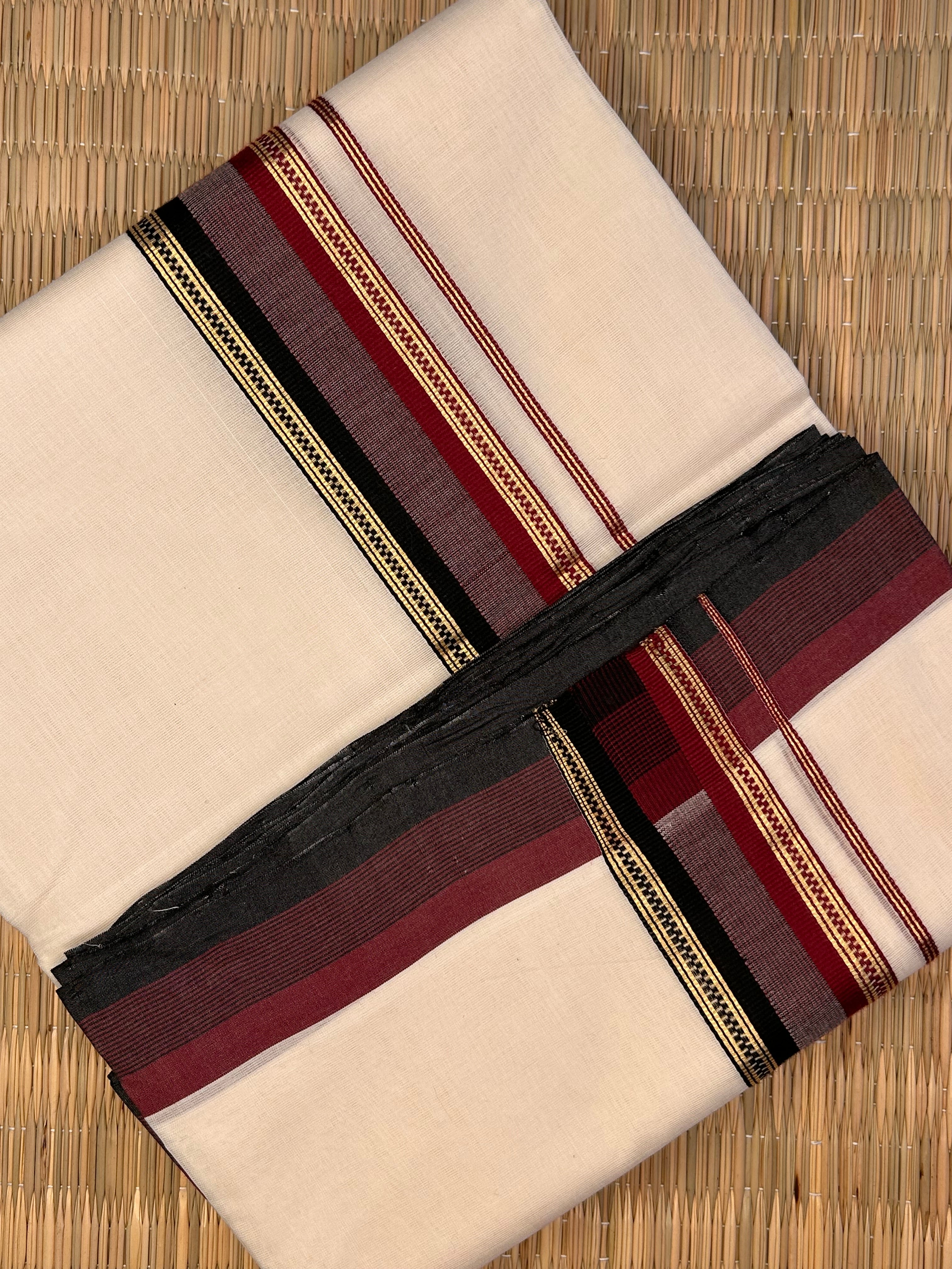 Gold, Maroon and Black Zari-Off White Handloom Dhoti