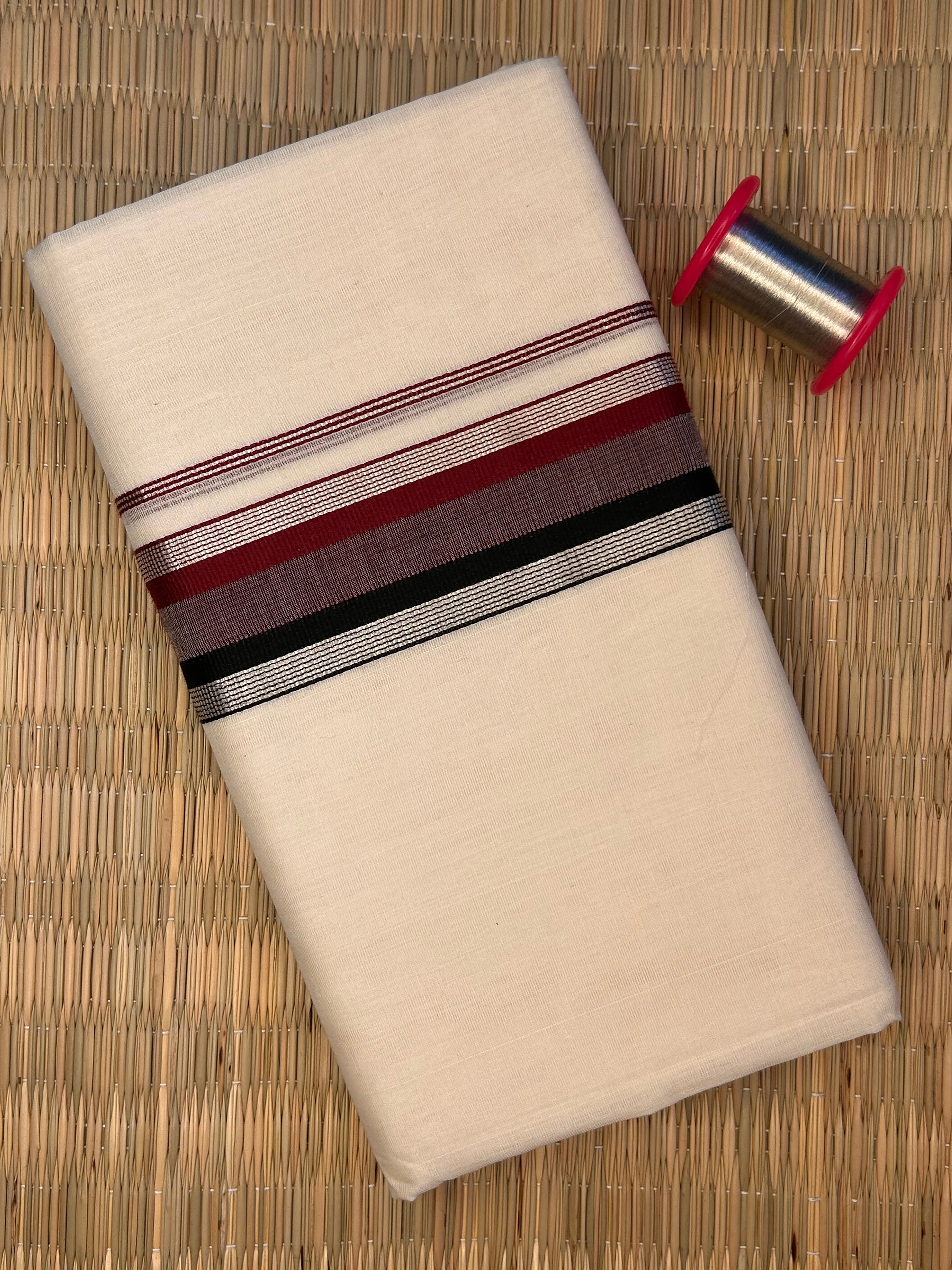 Maroon, Black and Silver Zari-Off White Handloom Dhothi