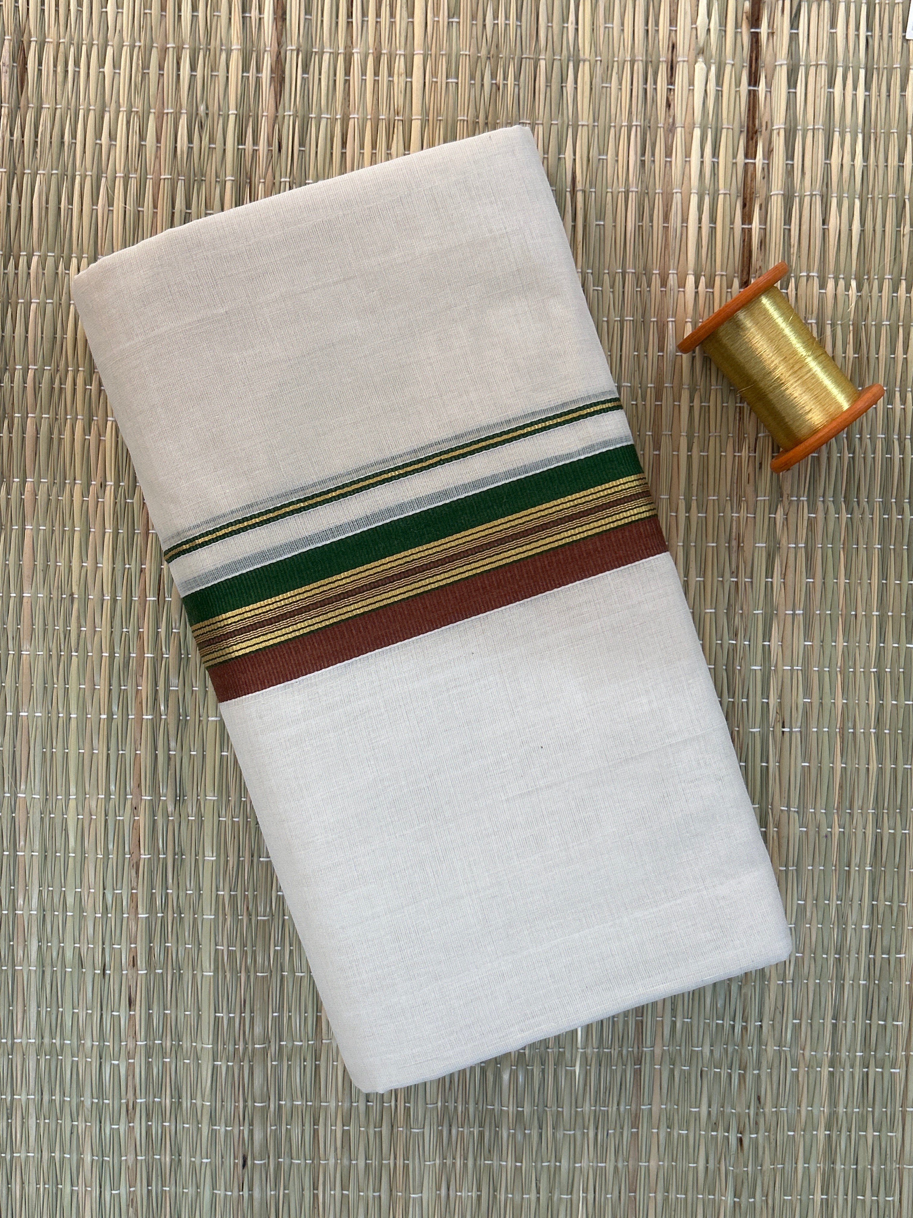Green and Maroon Zari-White Handloom Dhothi