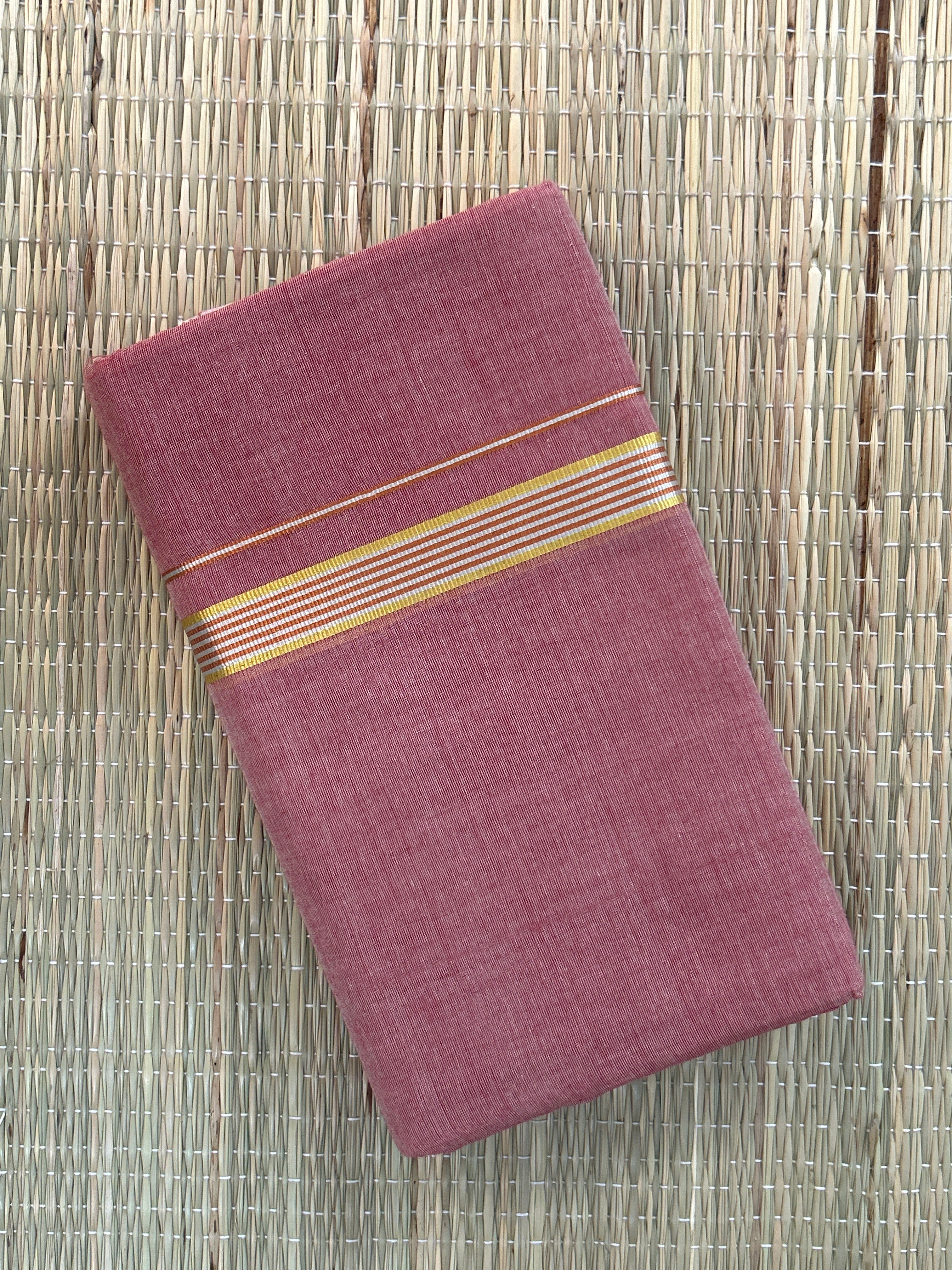 Rose Pink Handloom Dhothi - Gold and Orange Zari
