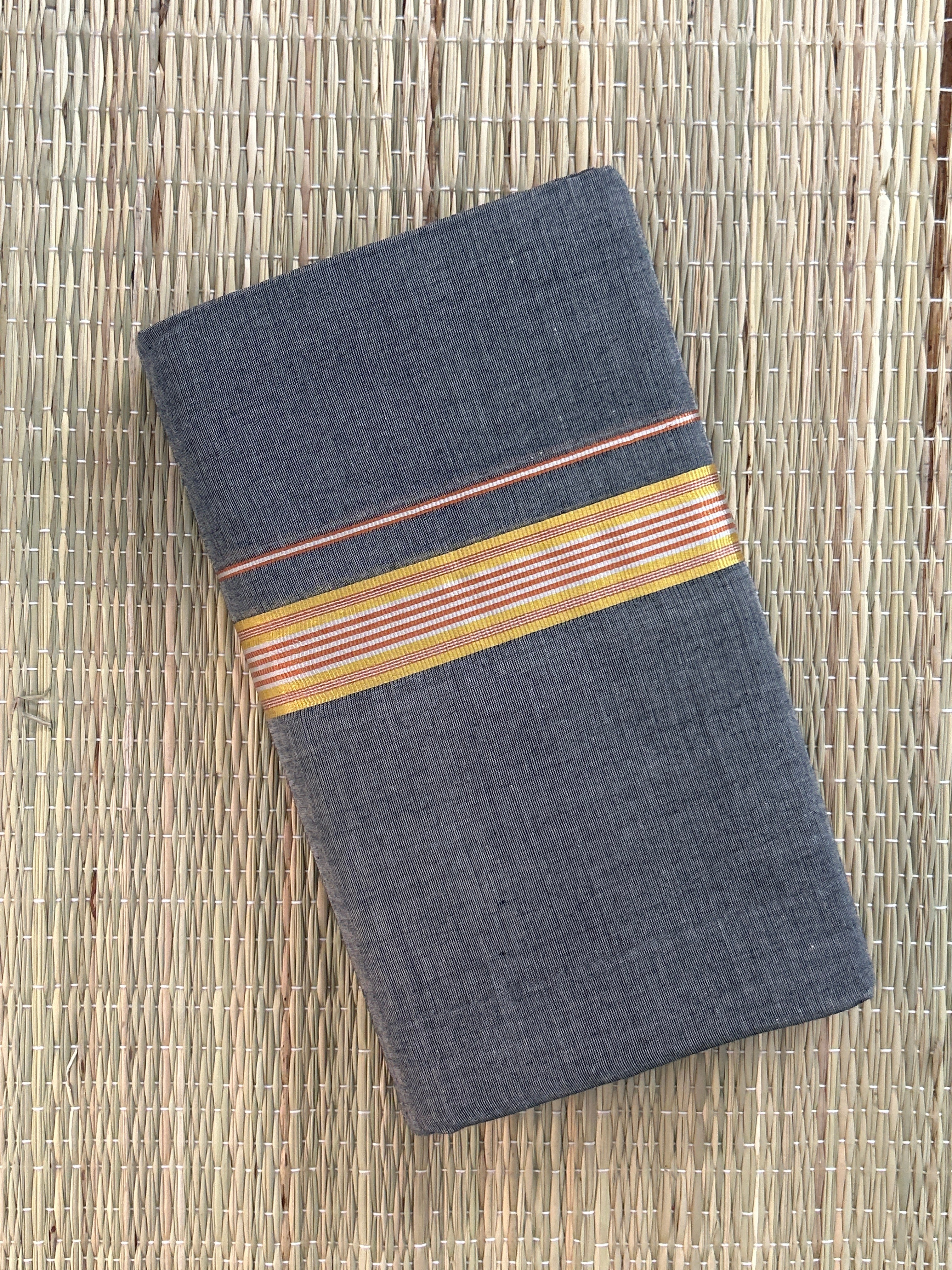 Grey Handloom Dhothi - Gold and Orange Zari