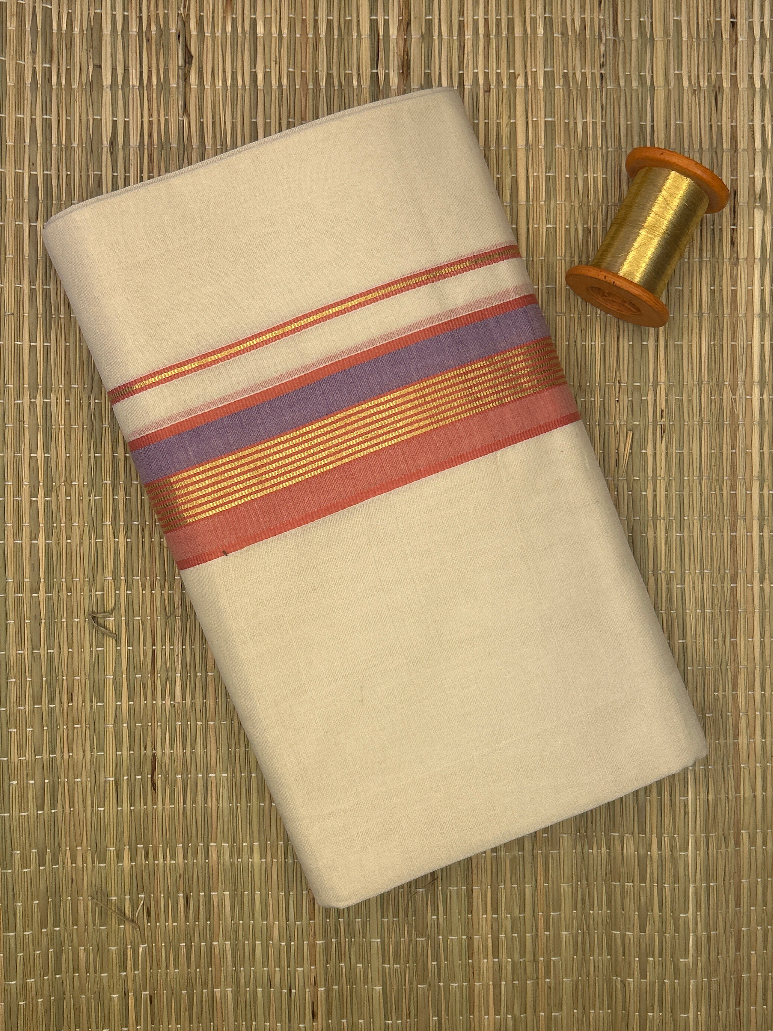 Gold, Lavender and Rose Zari-White Handloom Dhothi
