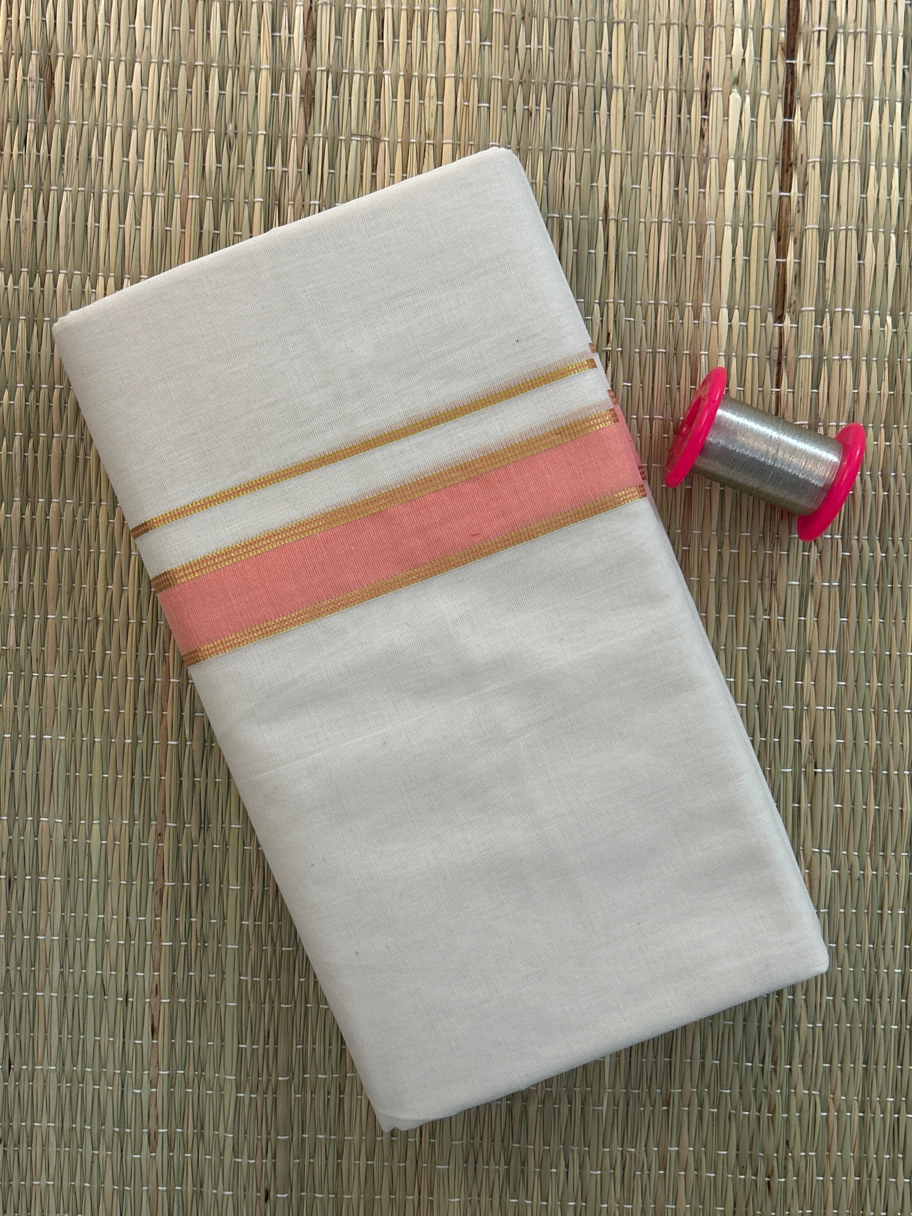 Cream Dhothi - Gold and Peach Zari Border