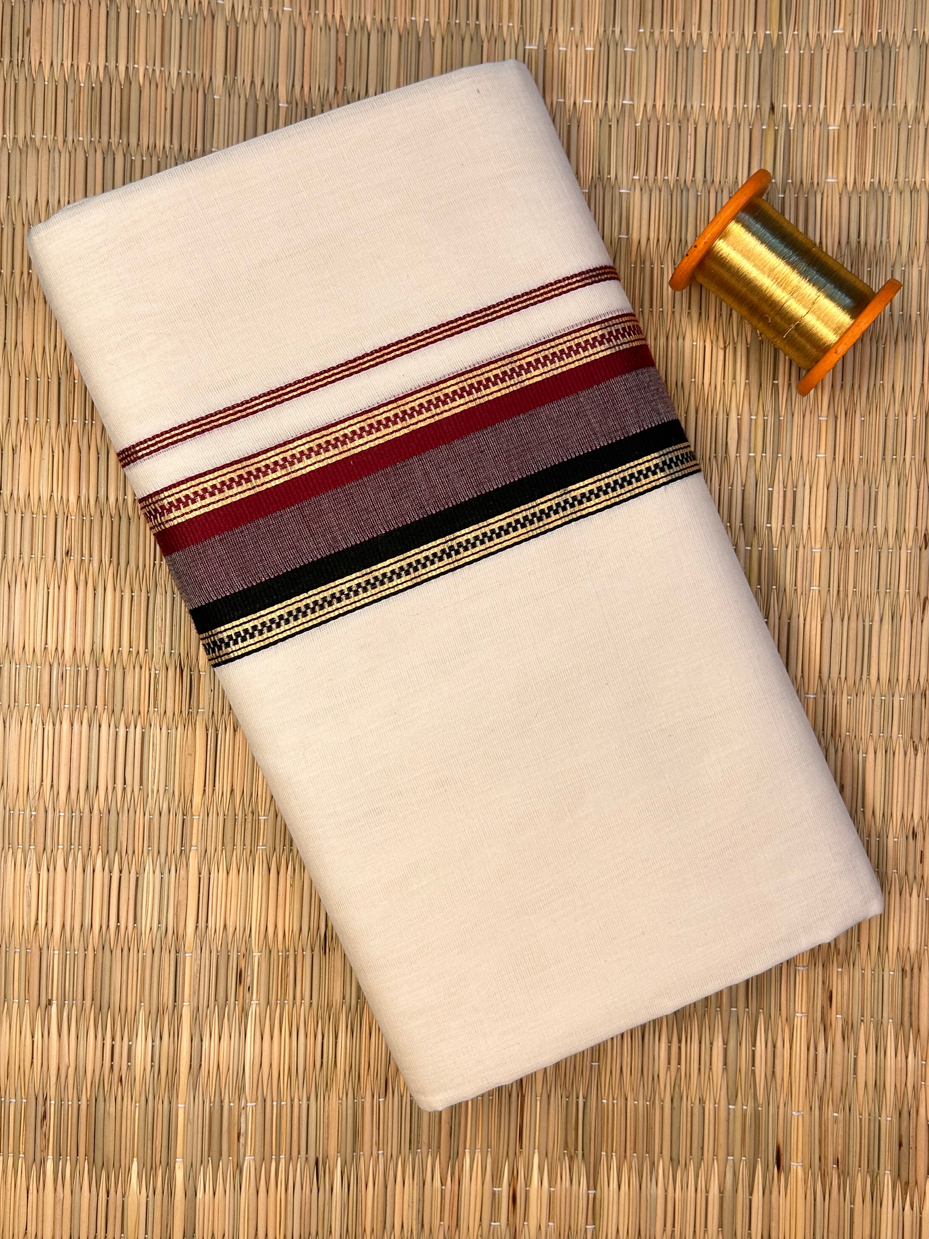 Gold, Maroon and Black Zari-Off White Handloom Dhothi