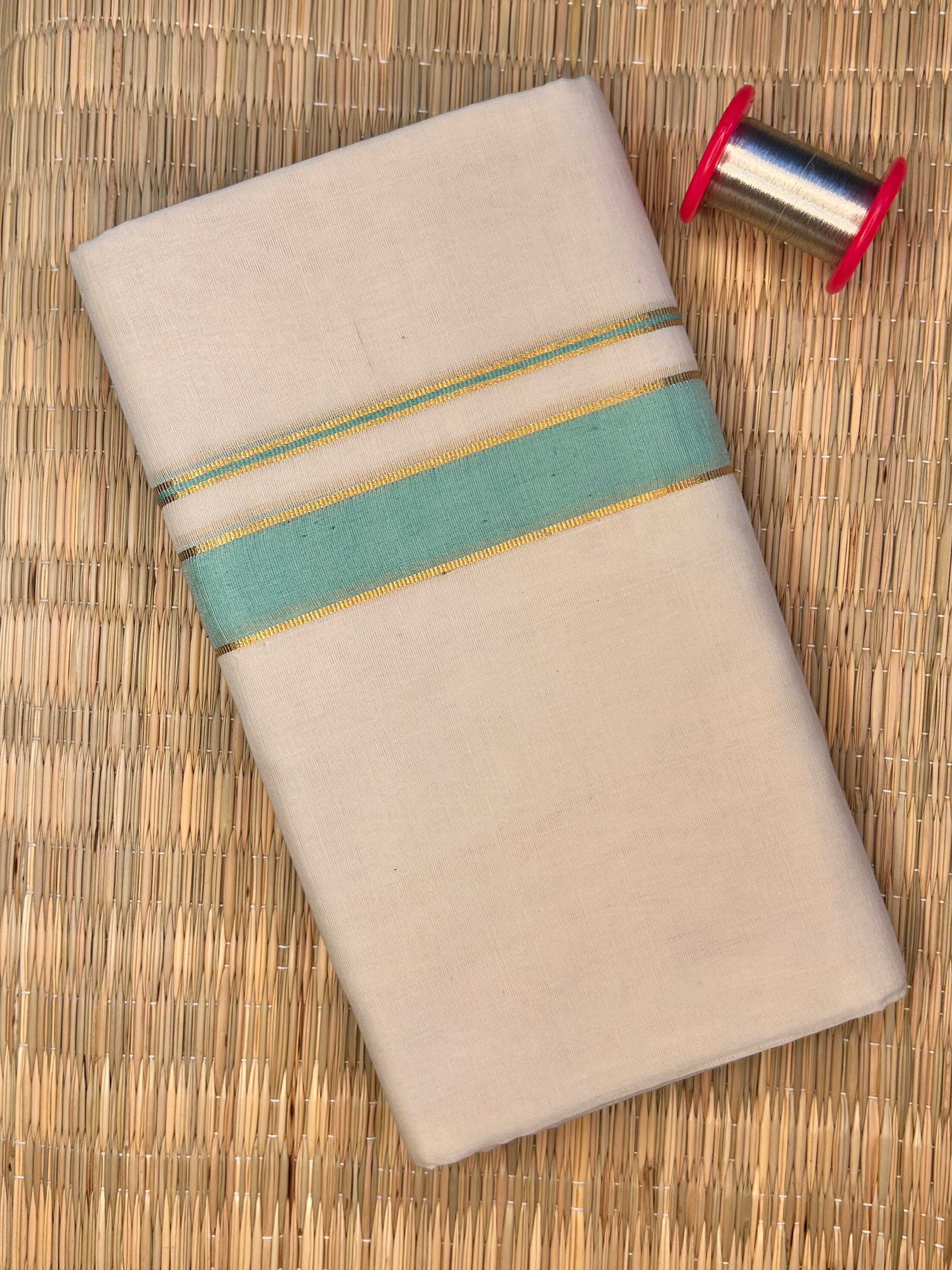 Gold and Mint Green Zari-Off White Handloom Dhothi