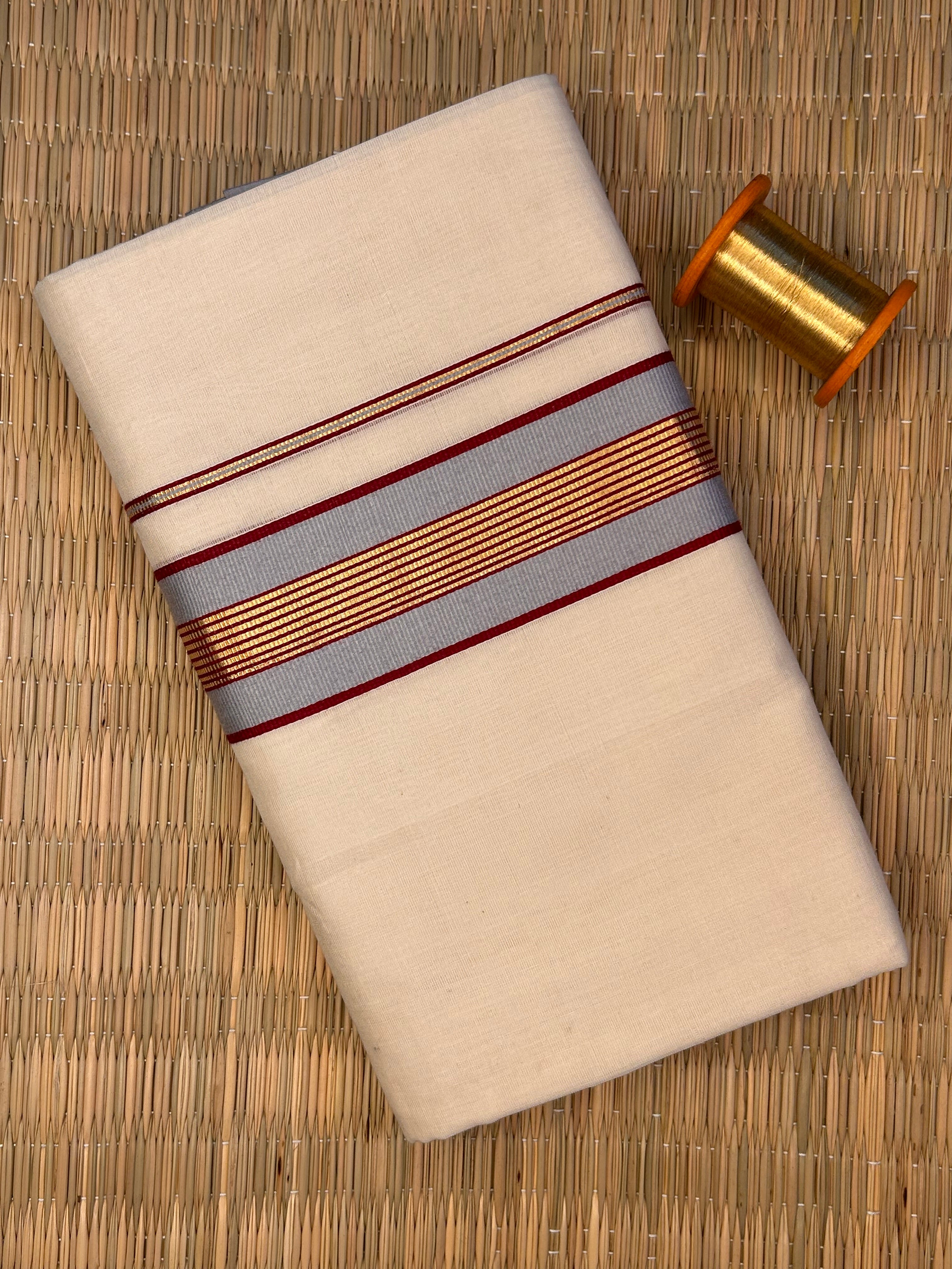 Gold, Silver and Maroon Zari-Off White Handloom Dhothi