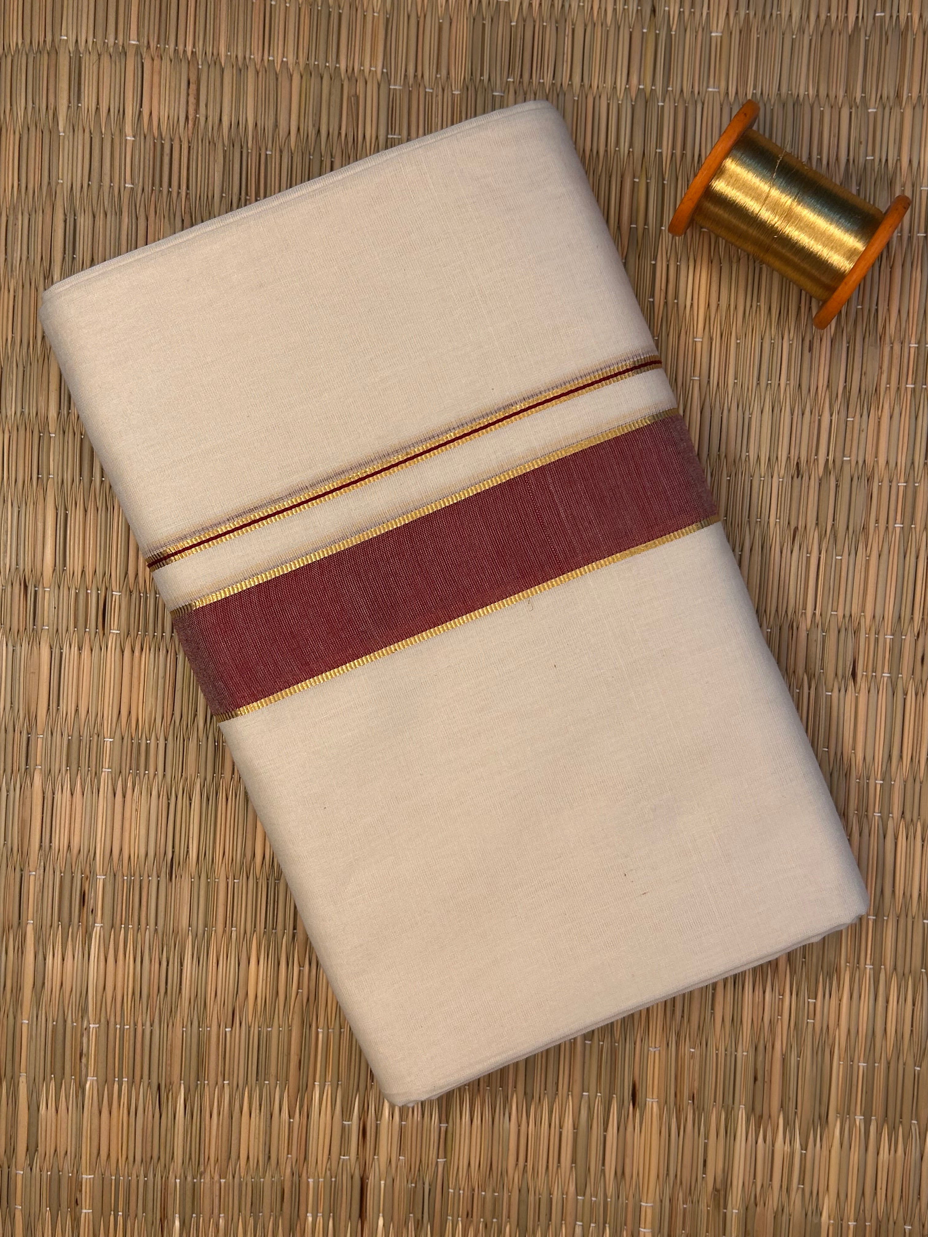 Gold and Maroon Zari-Off White Handloom Dhothi