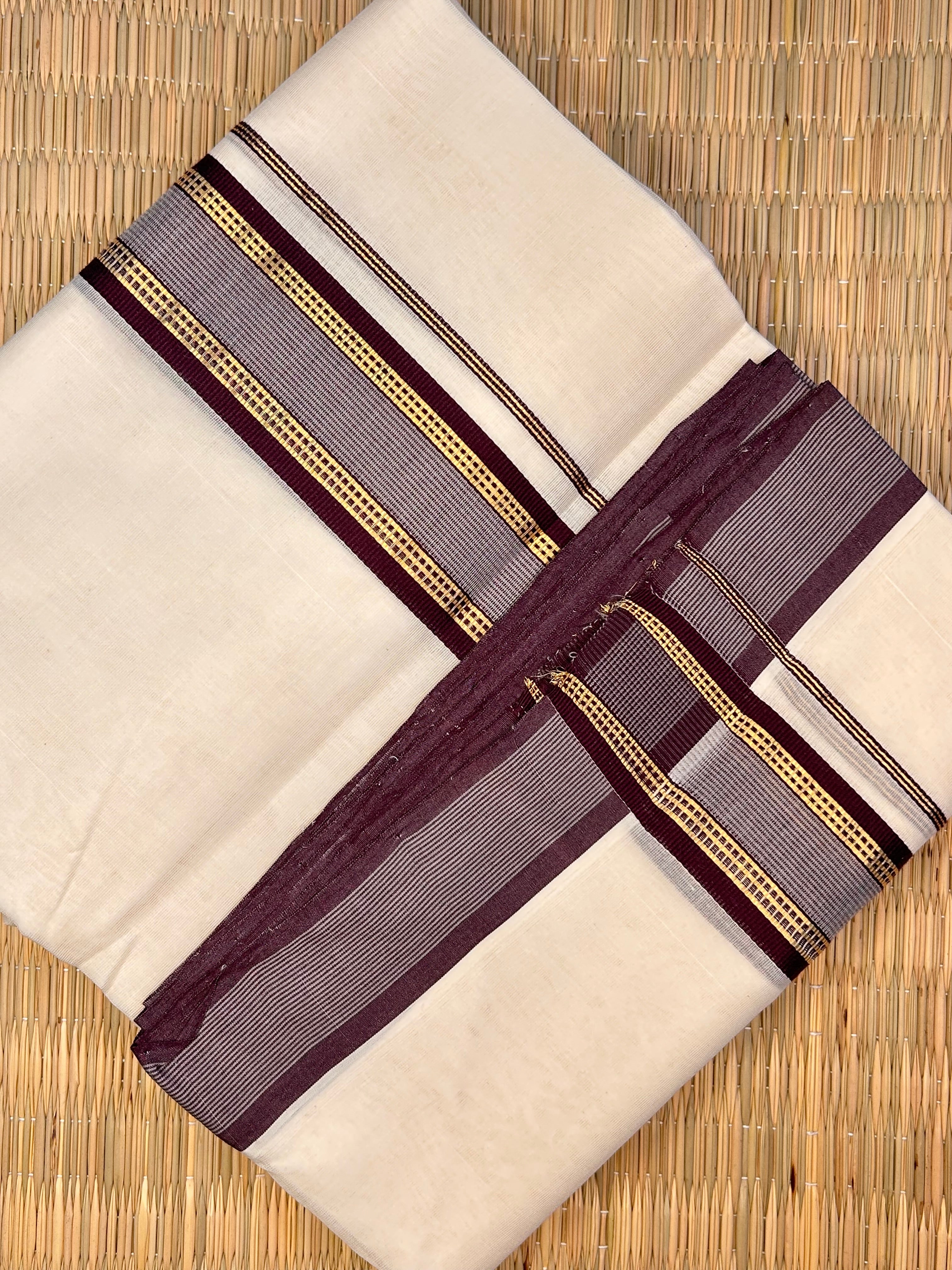 Gold, Maroon and Silver Zari-Off White Handloom Dhoti