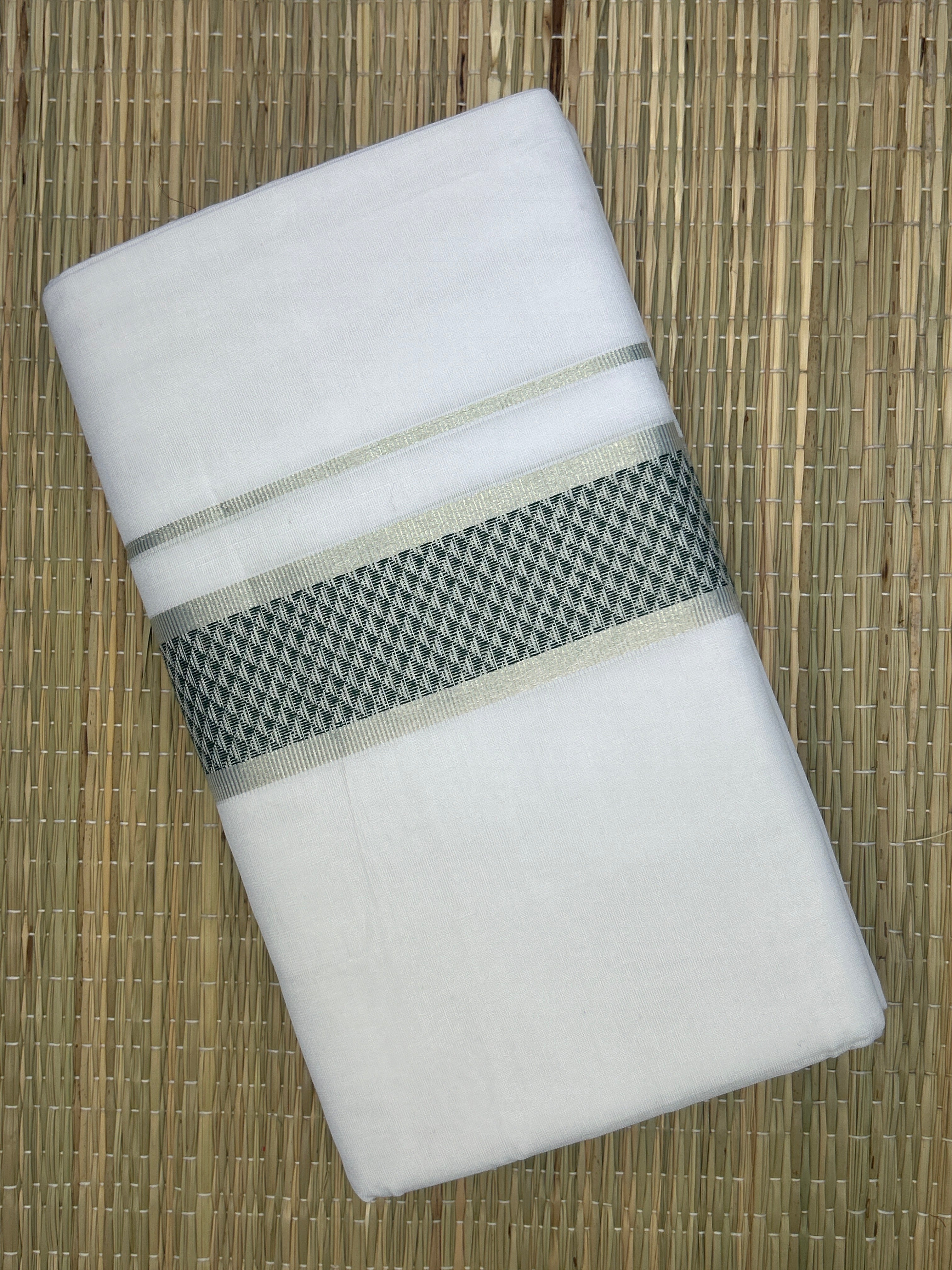 Green and Silver Zari-White Handloom Dhothi