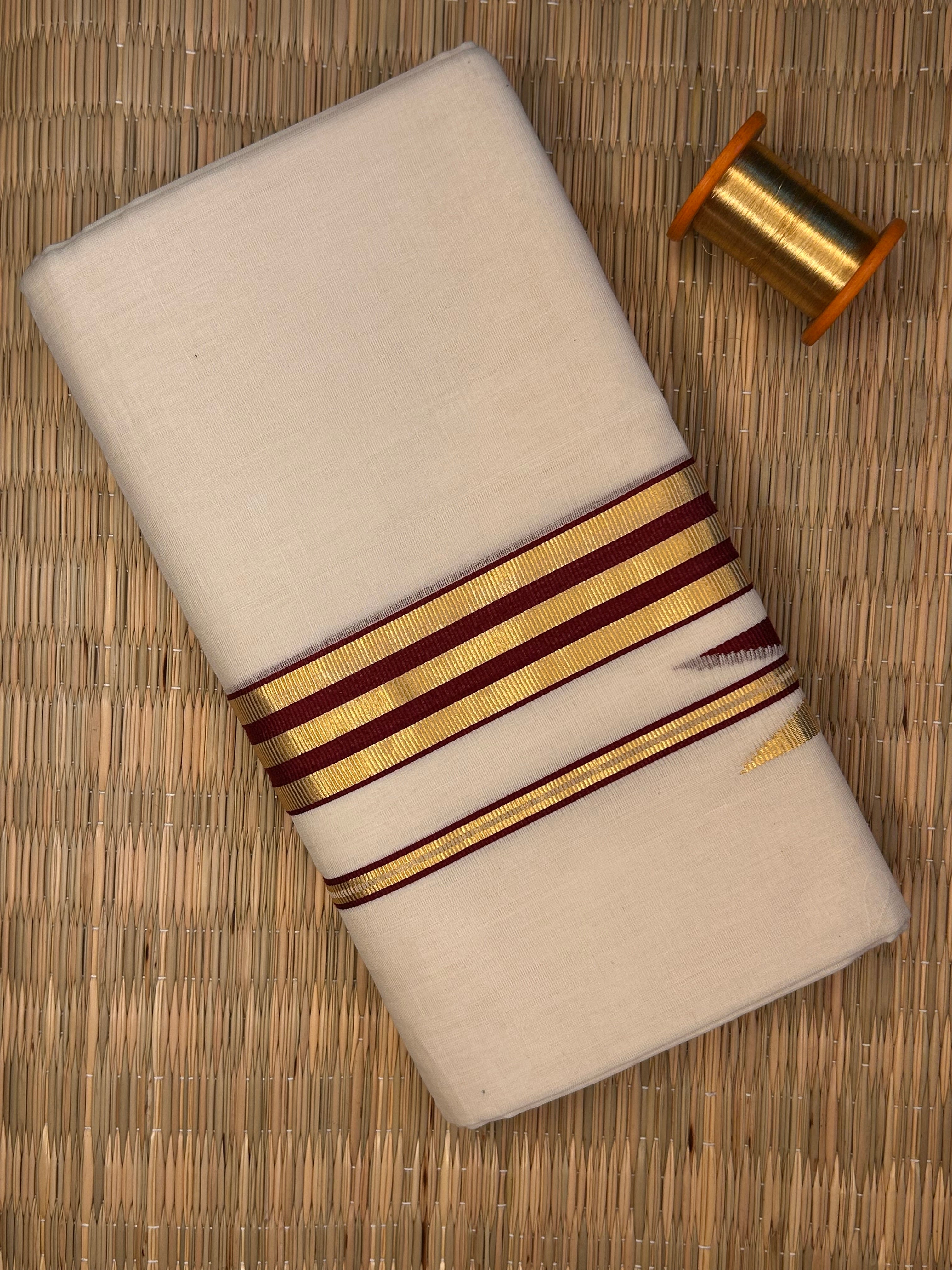Gold and Maroon Zari-Off White Handloom Dhothi