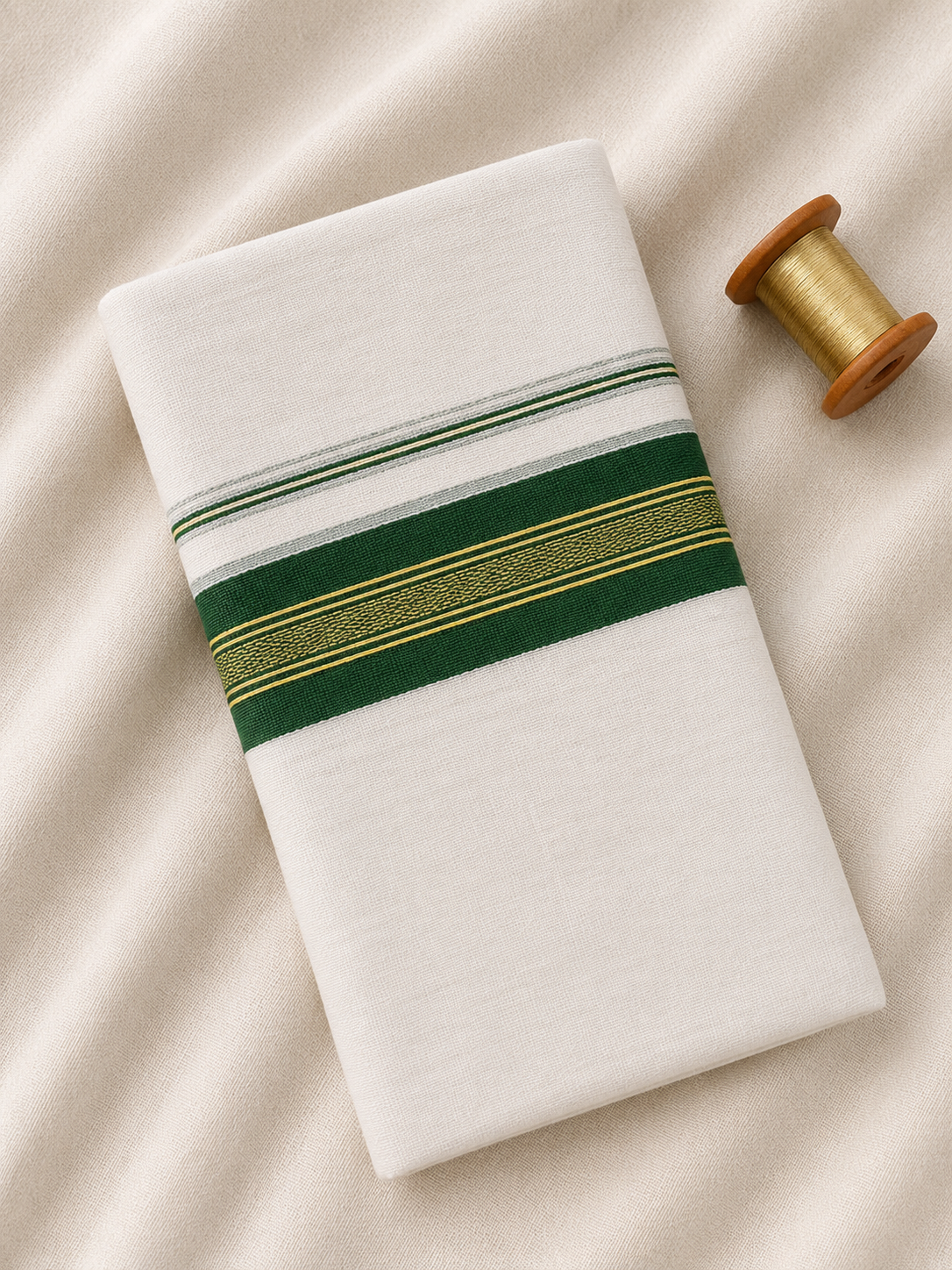 Green and Gold Zari-White Handloom Dhothi