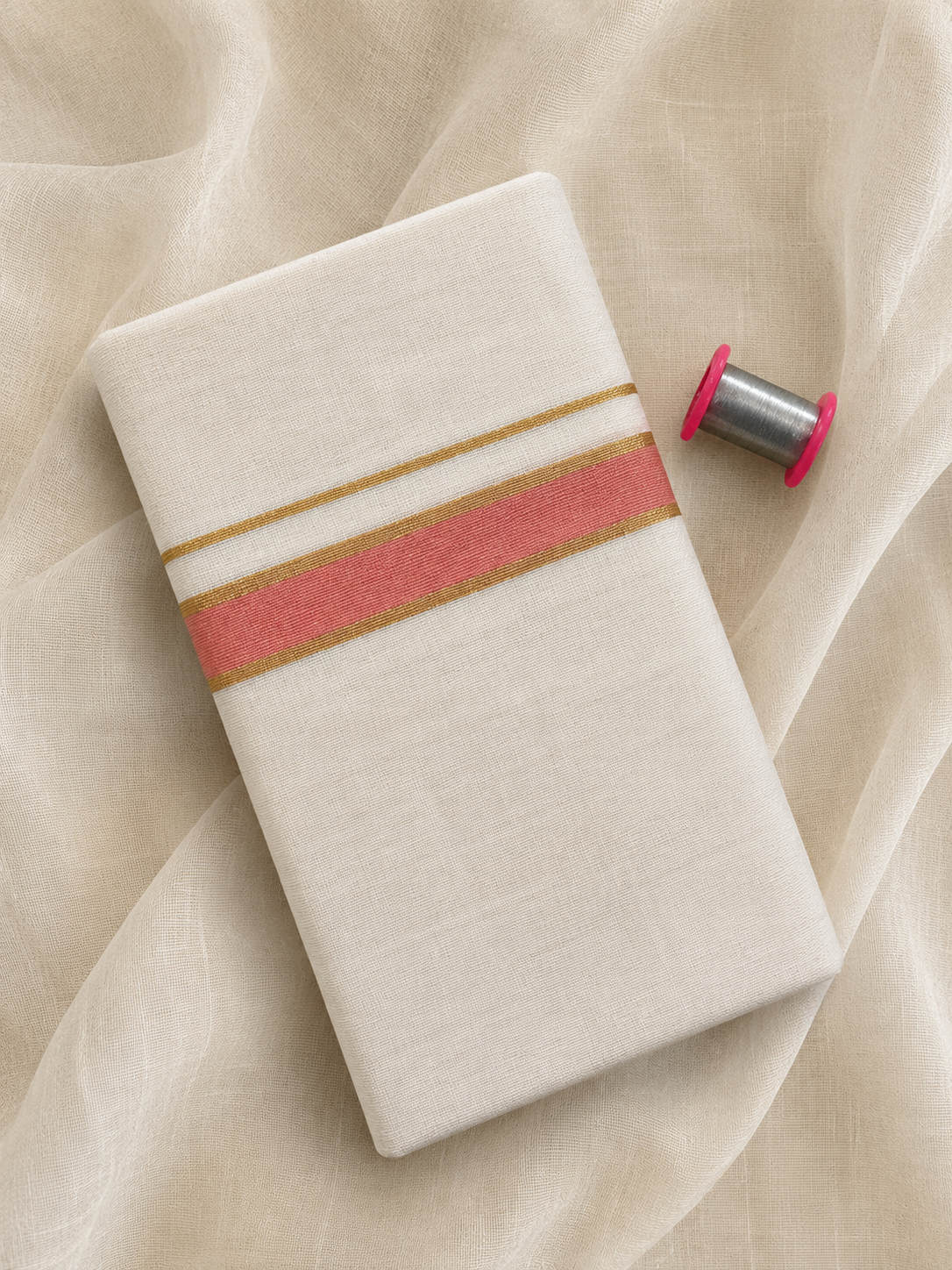 Cream Dhothi - Gold and Peach Zari Border
