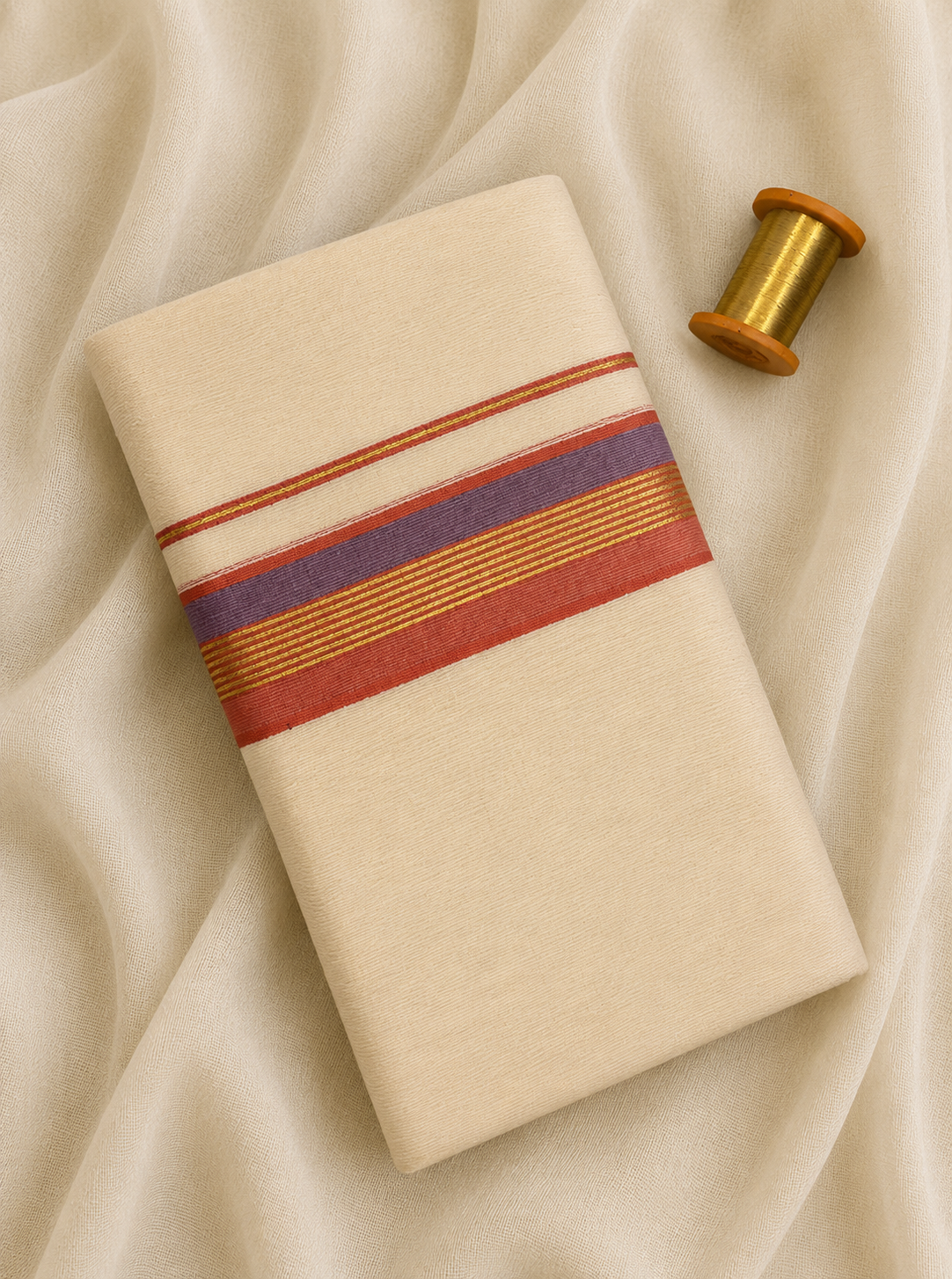Gold, Lavender and Rose Zari-White Handloom Dhothi