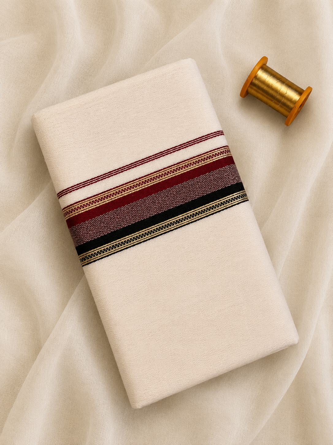 Gold, Maroon and Black Zari-Off White Handloom Dhothi