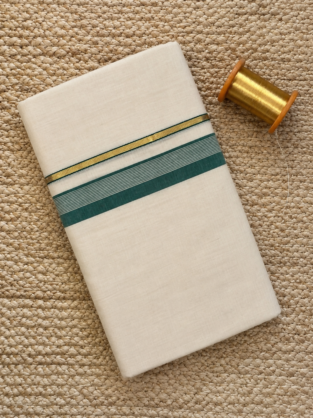 Gold and Teal Green Zari-Off White Handloom Dhothi