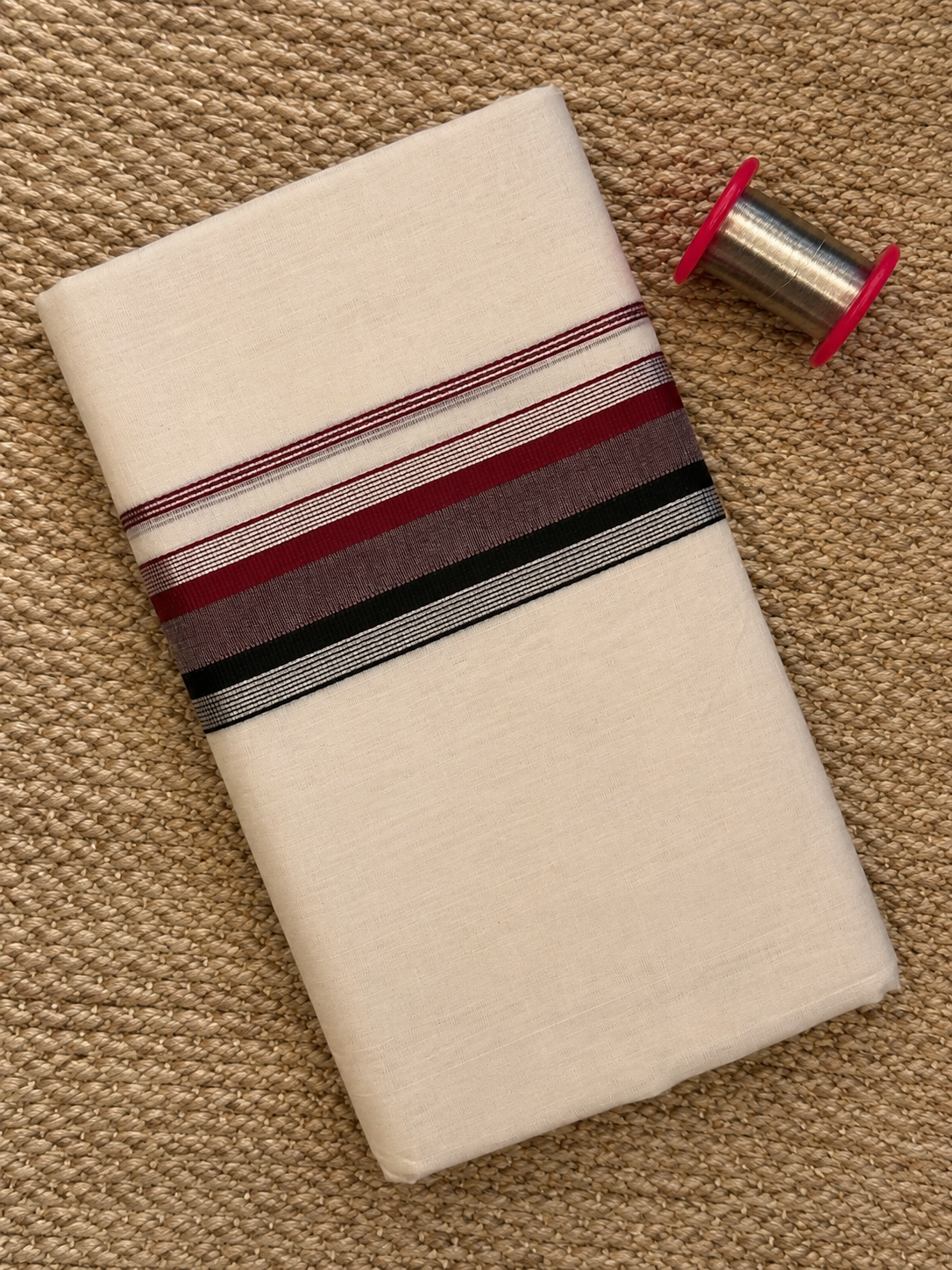 Maroon, Black and Silver Zari-Off White Handloom Dhothi