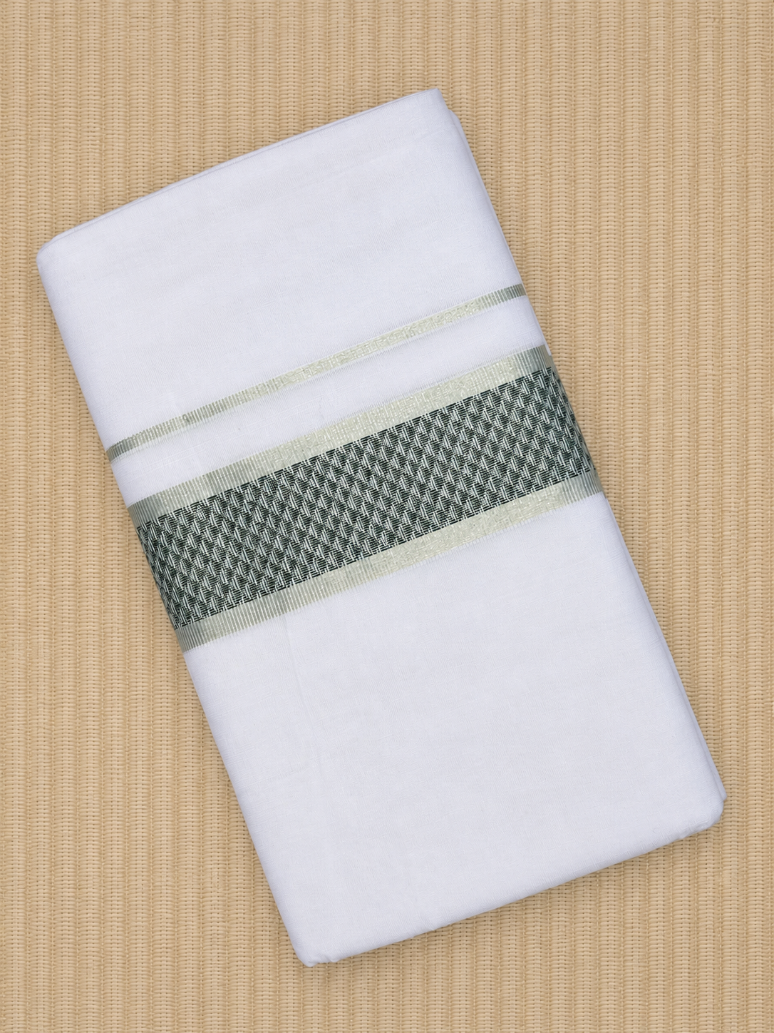 Green and Silver Zari-White Handloom Dhothi