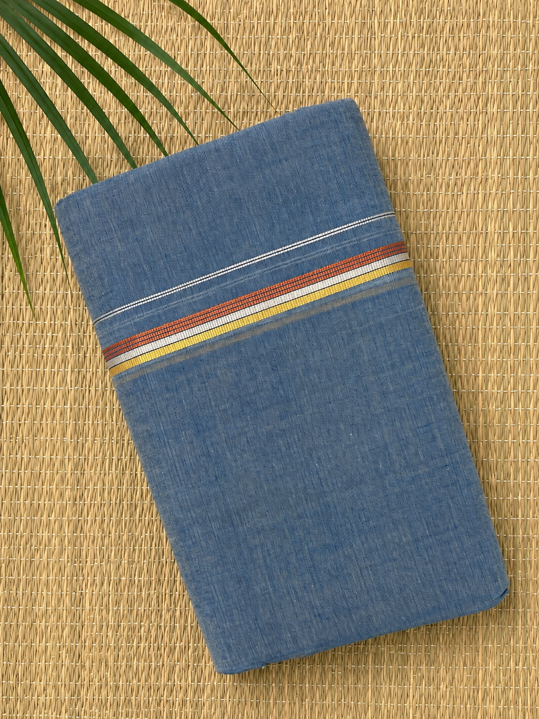 Blue Handloom Dhothi - Gold and Maroon Zari