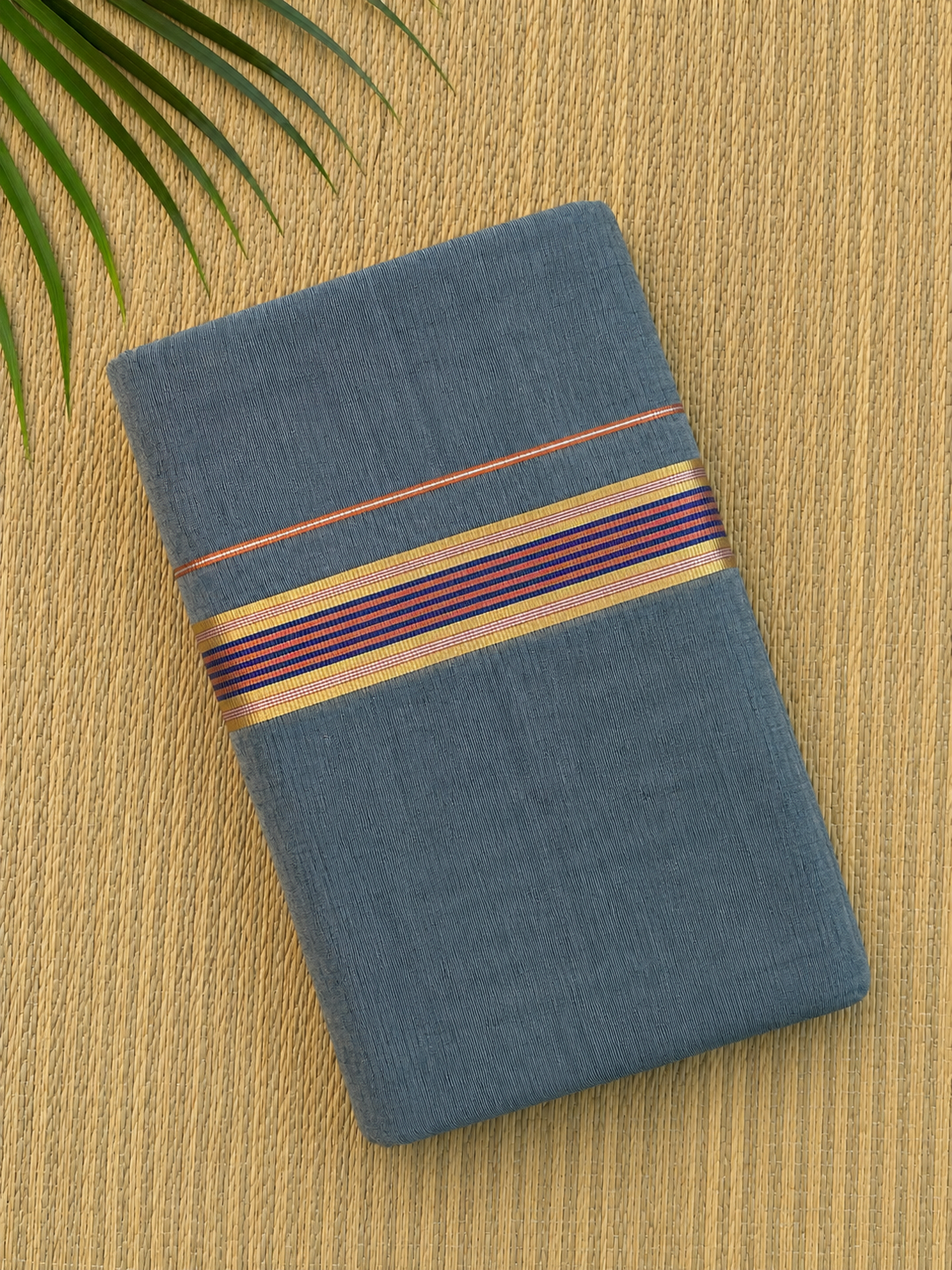 Grey Handloom Dhothi - Gold and Purple Zari