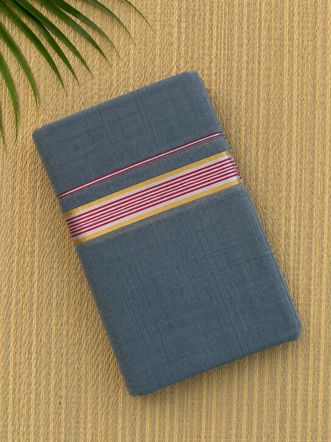 Grey Handloom Dhothi - Gold and Red Zari