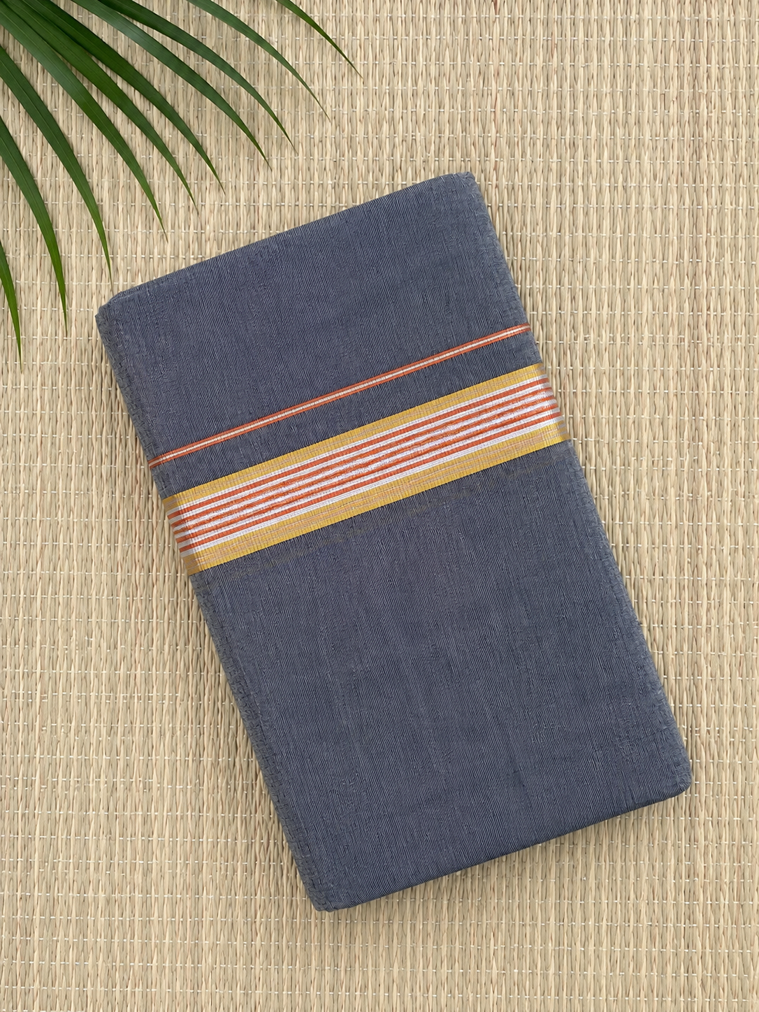 Grey Handloom Dhothi - Gold and Orange Zari