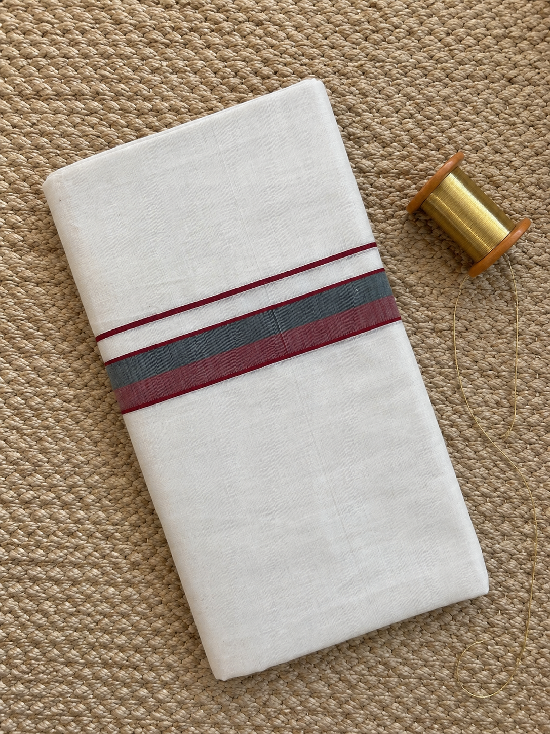Grey and Maroon Zari-White Handloom Dhothi