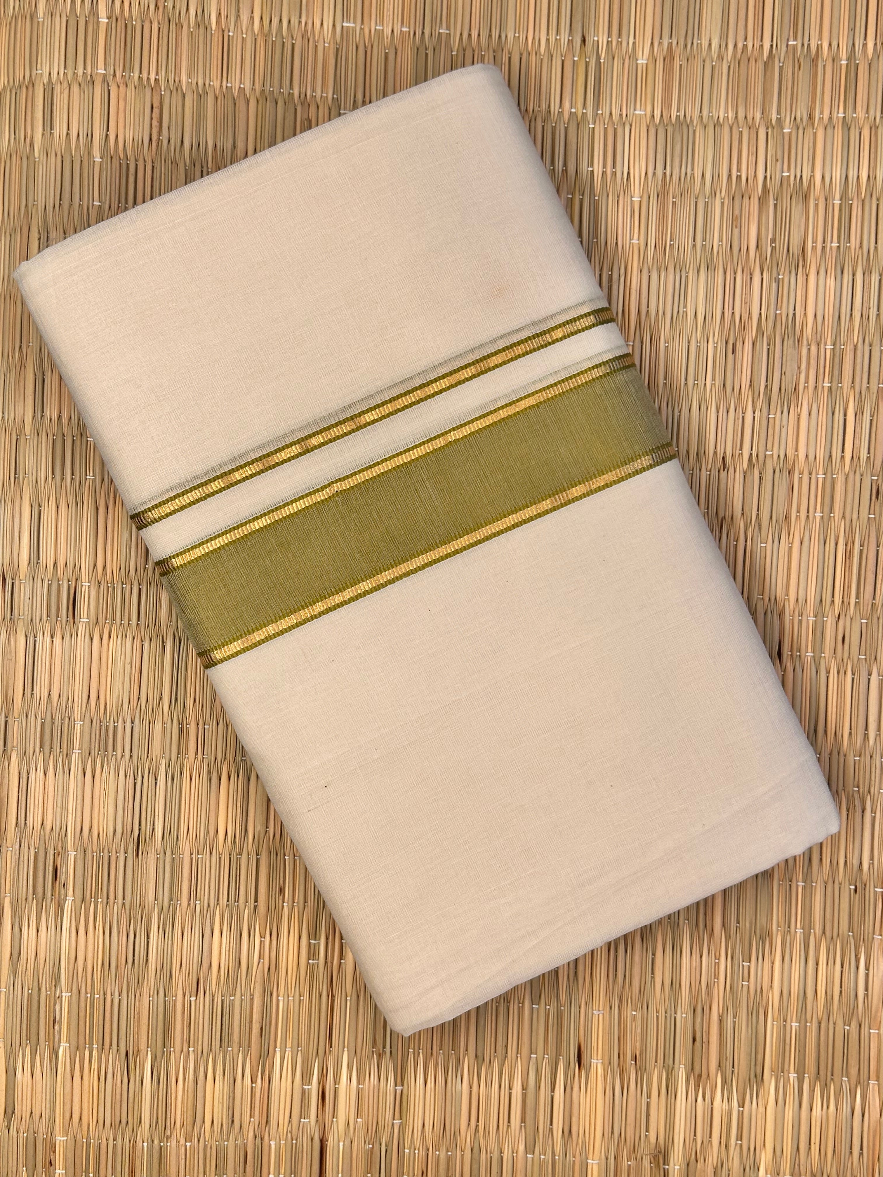 Gold and Olive Green Zari-Off White Handloom Dhothi
