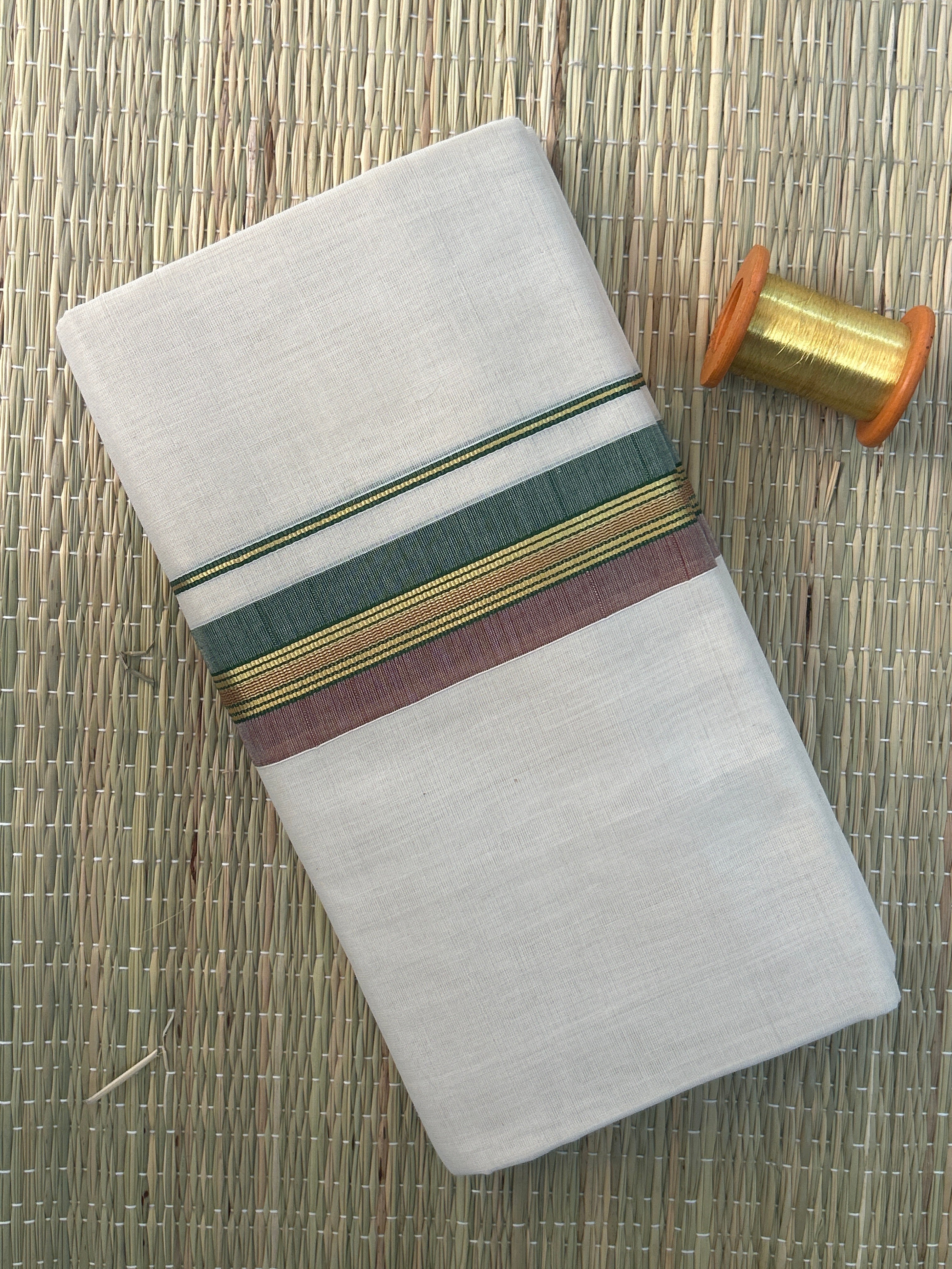 Green, Gold and Maroon Zari-White Handloom Dhothi