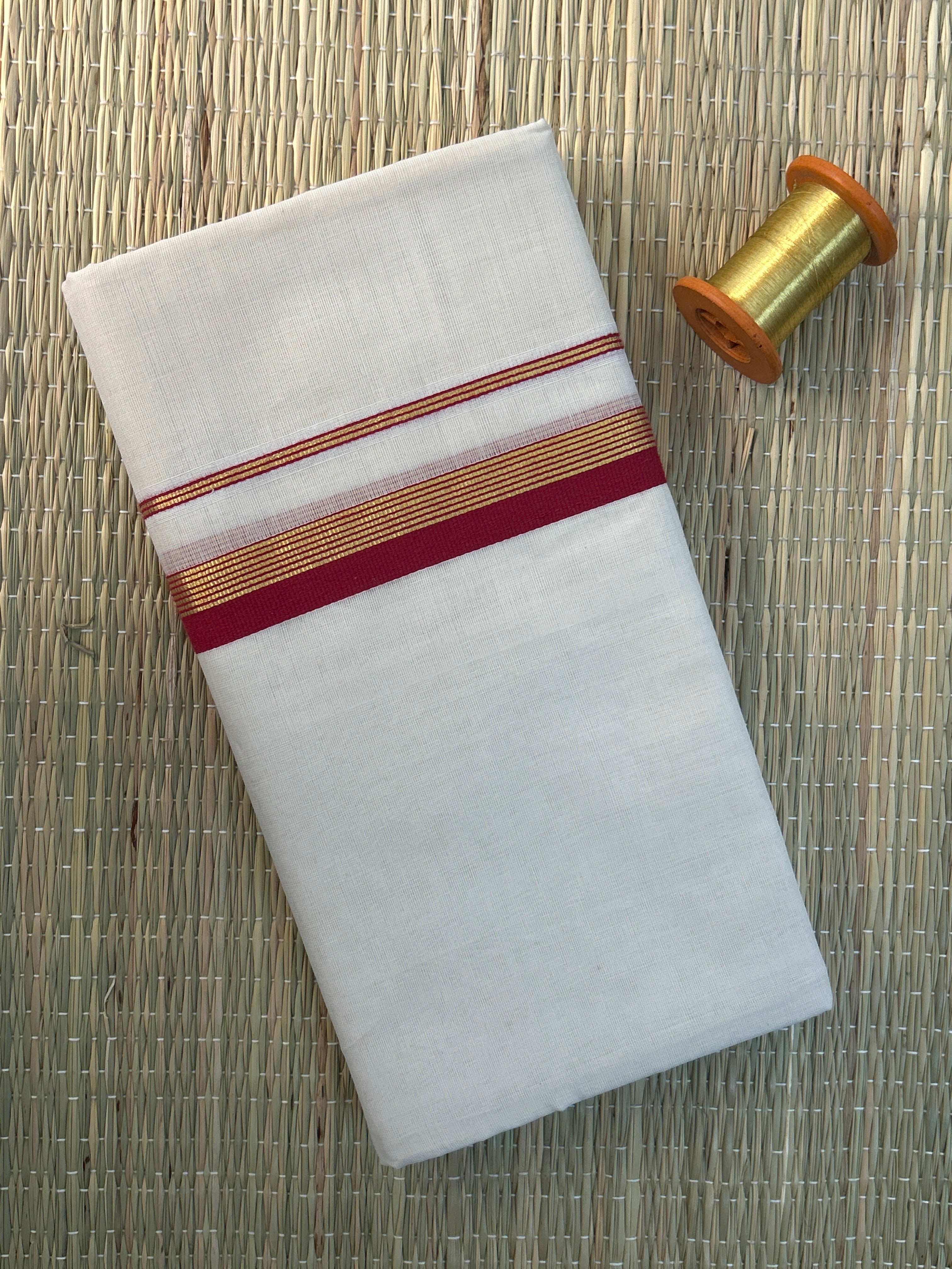 Gold and Maroon Zari-White Handloom Dhothi