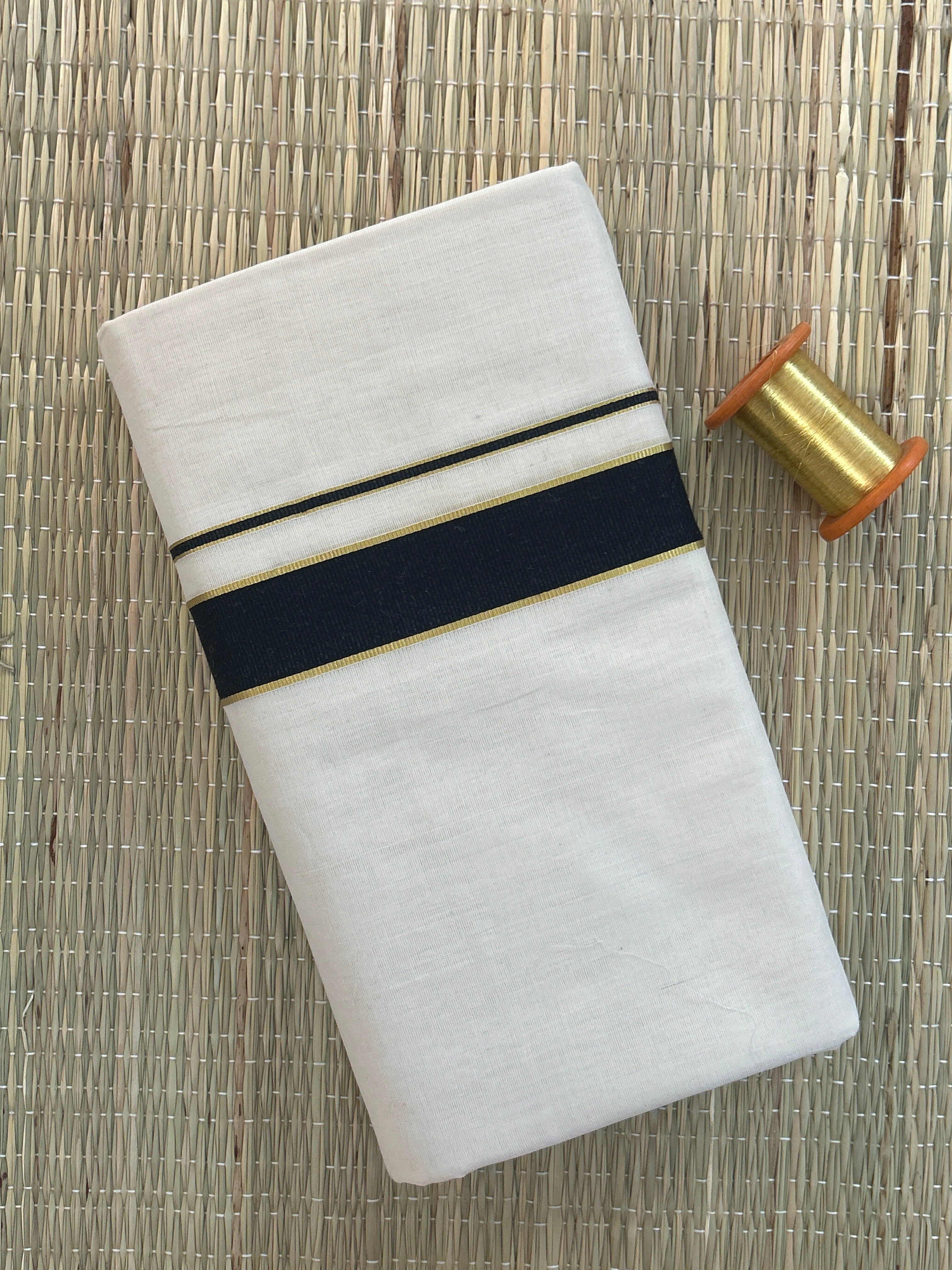 Navy Blue and Gold Zari-White Handloom Dhothi