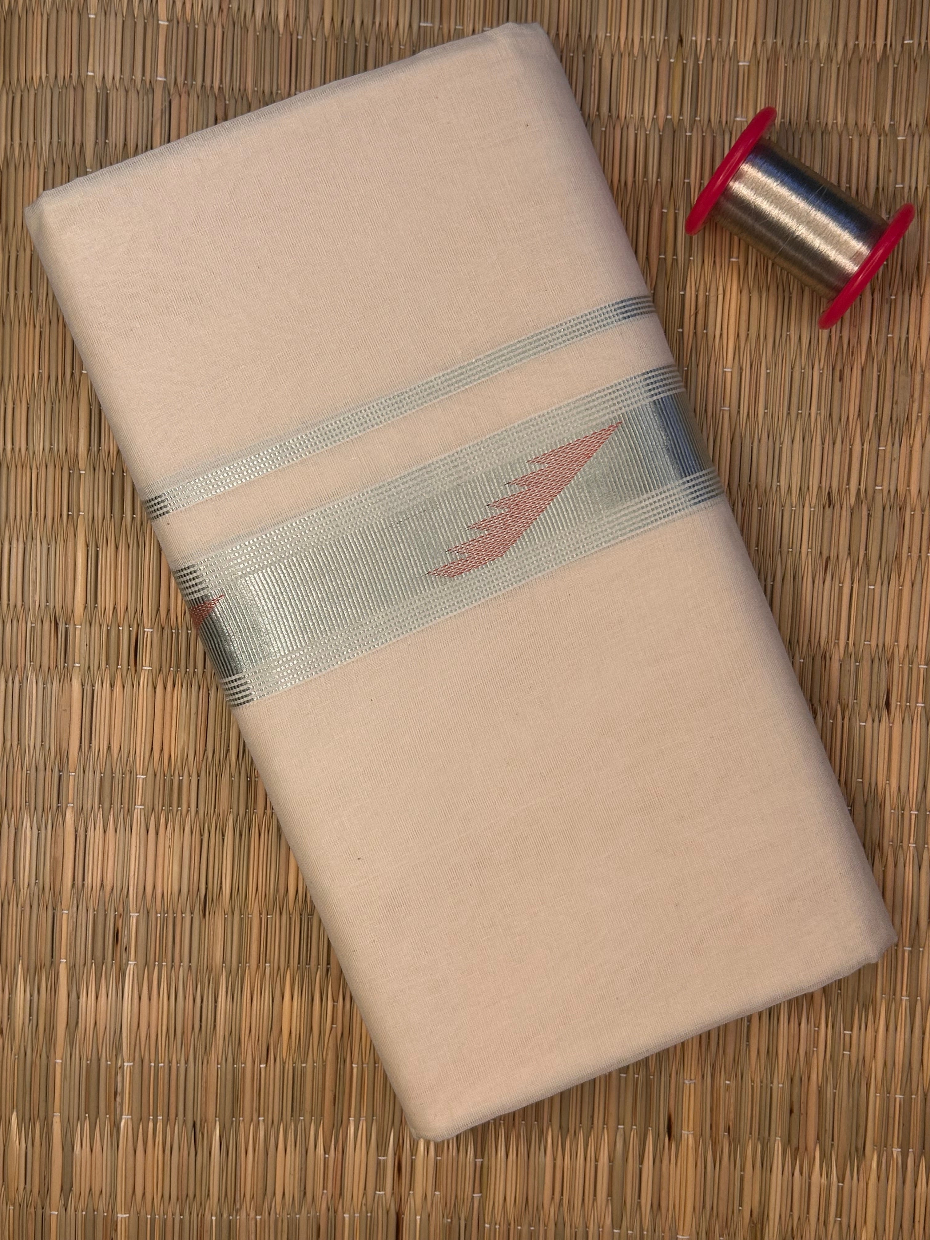 Silver and Coral Zari-Off White Handloom Dhothi