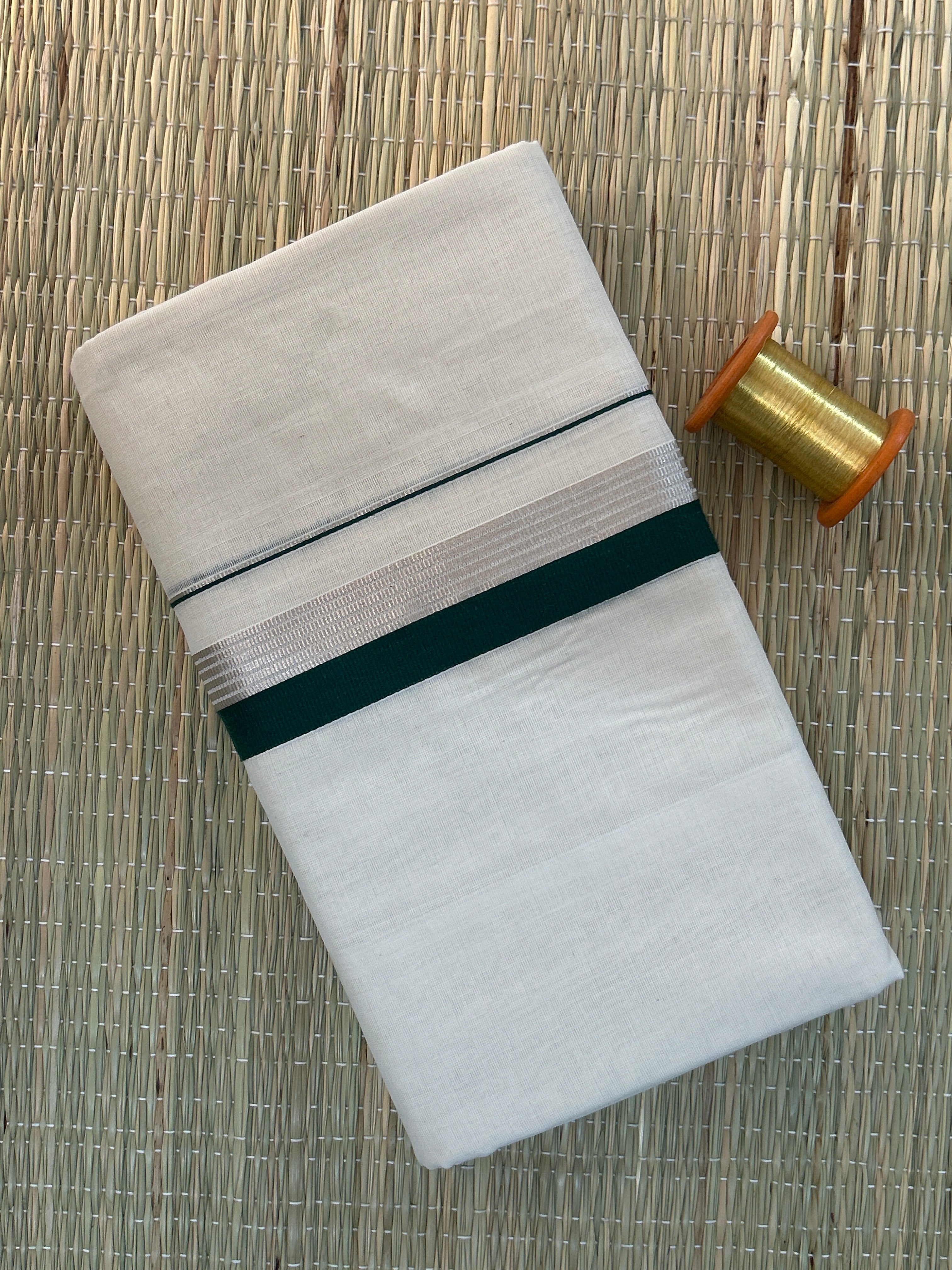 Green and Silver Zari-White Handloom Dhothi