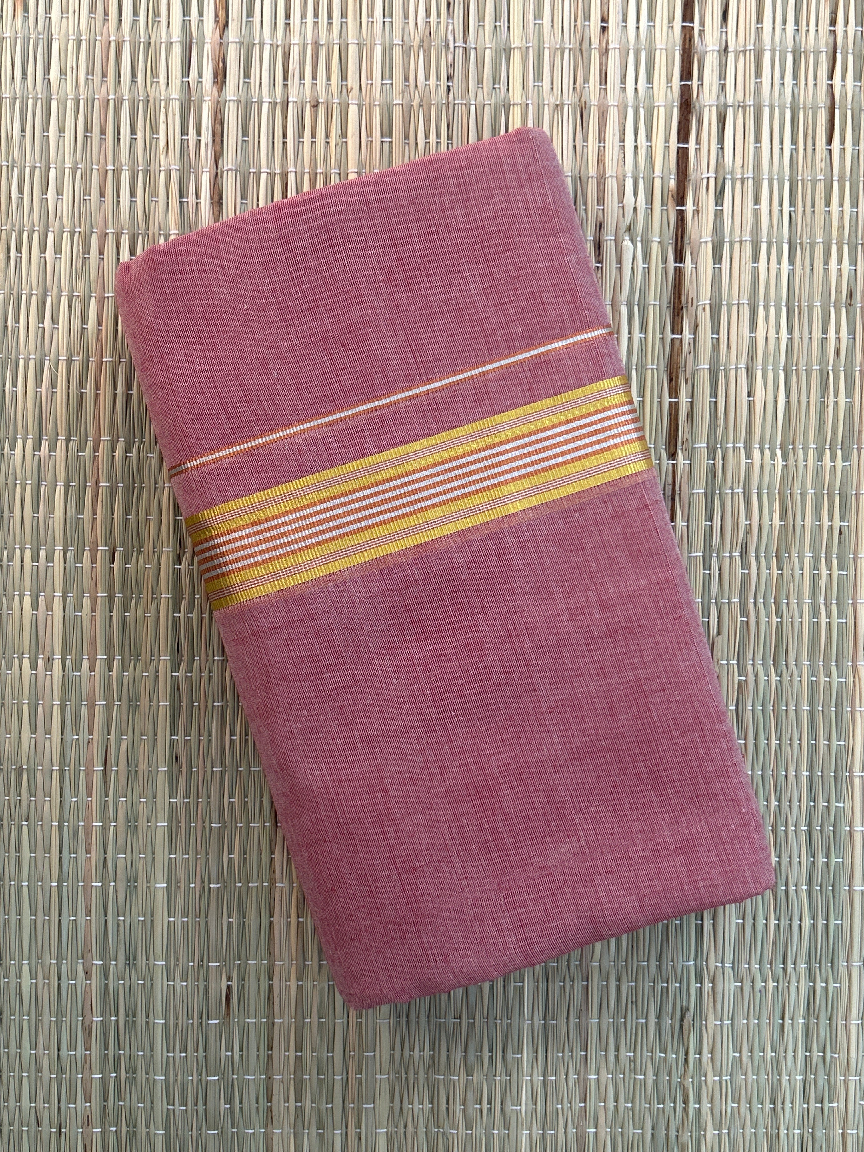 Rose Pink Handloom Dhothi - Gold and Orange Zari