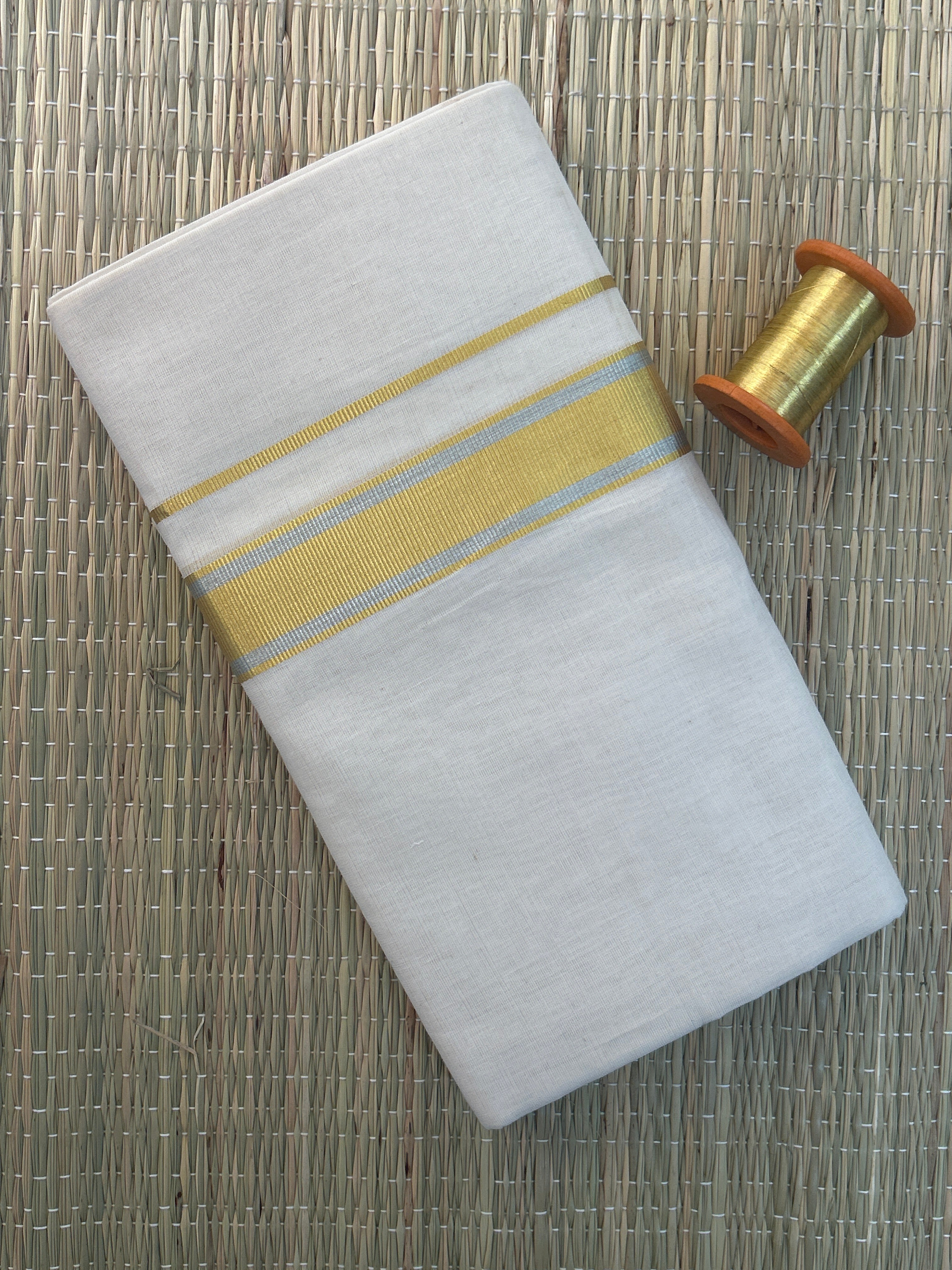Gold and Silver Zari-White Handloom Dhothi