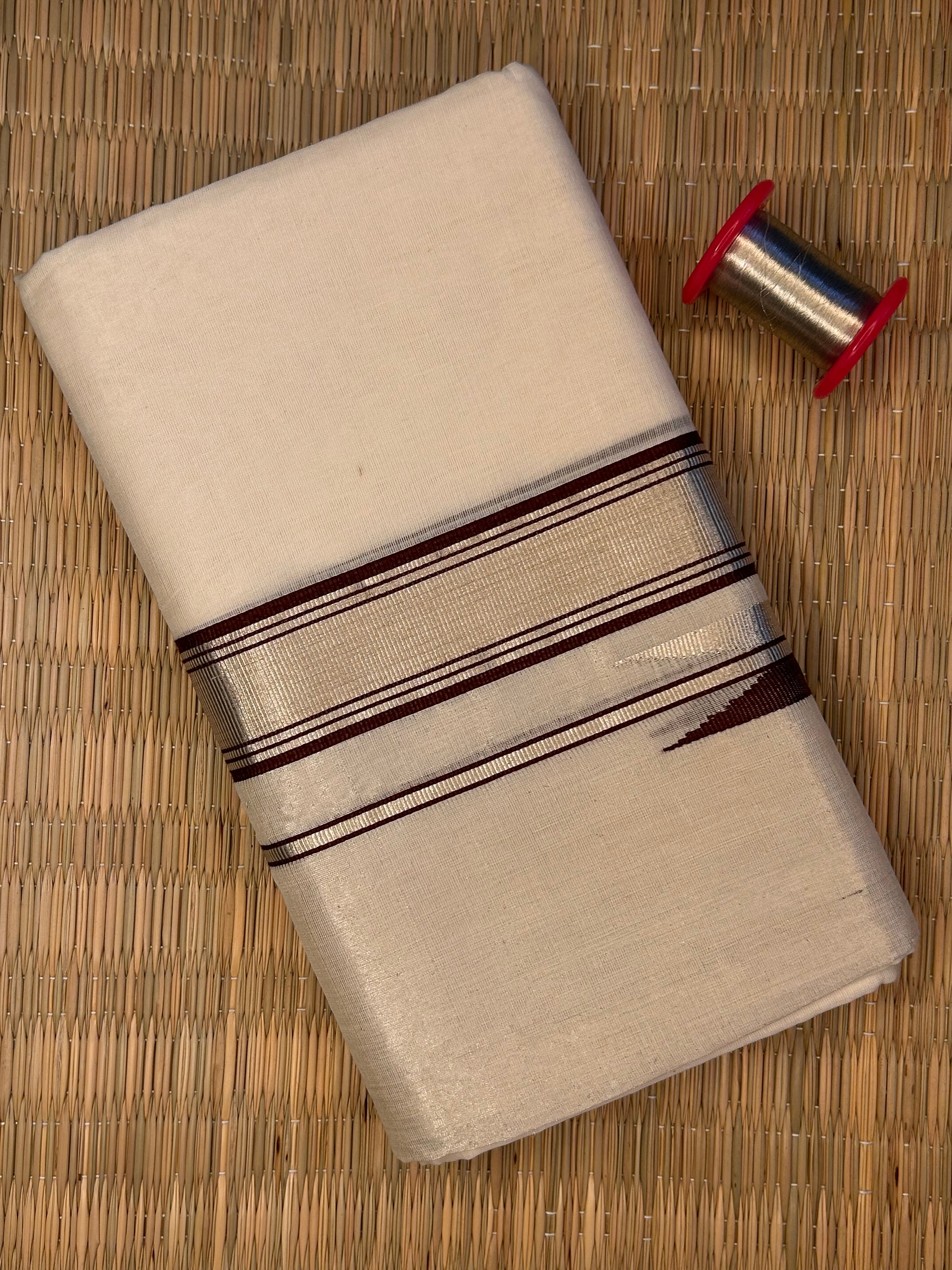 Silver and Maroon Zari-Off White Handloom Dhothi