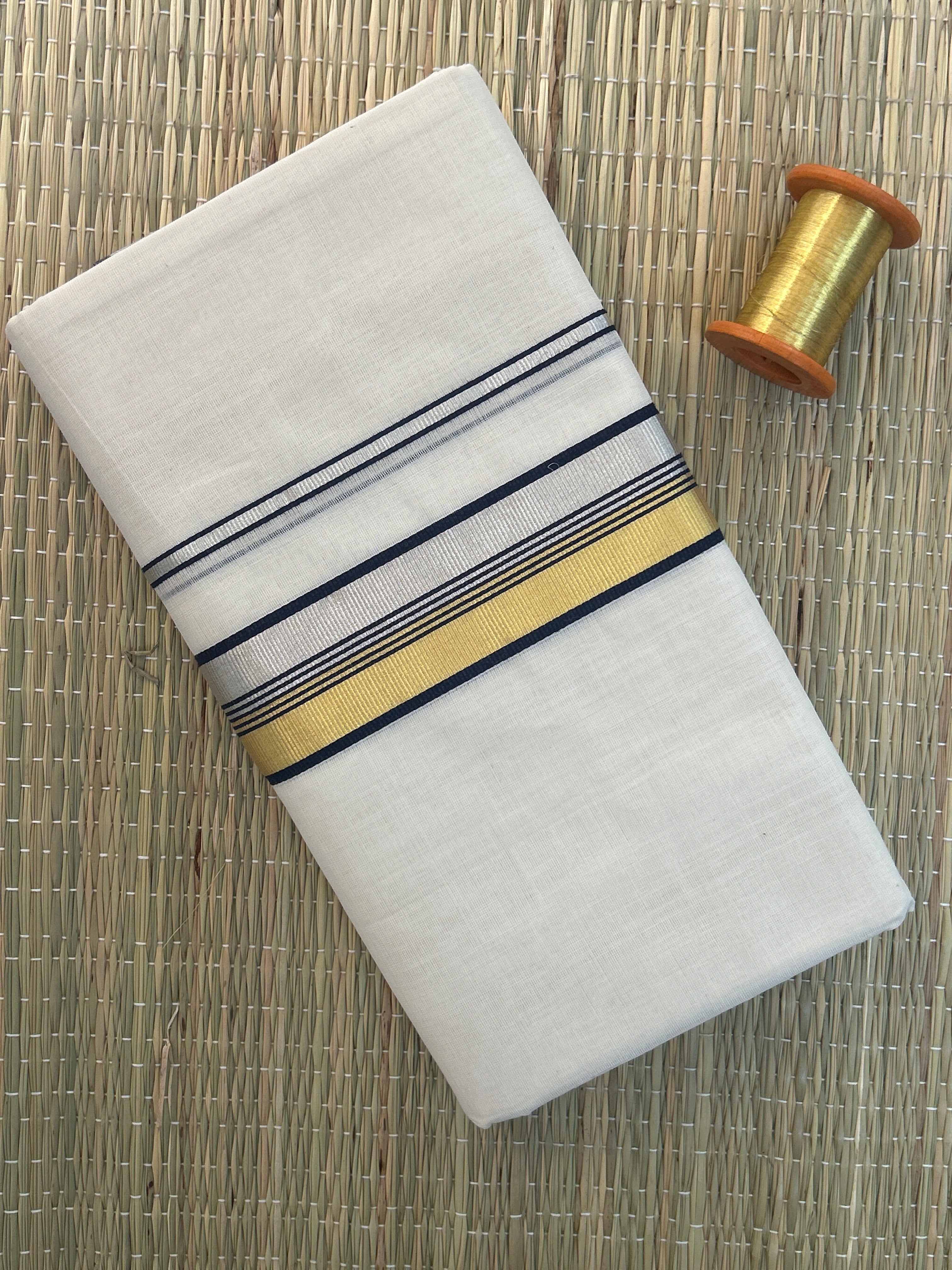 Gold and Navy Blue Zari-White Handloom Dhothi