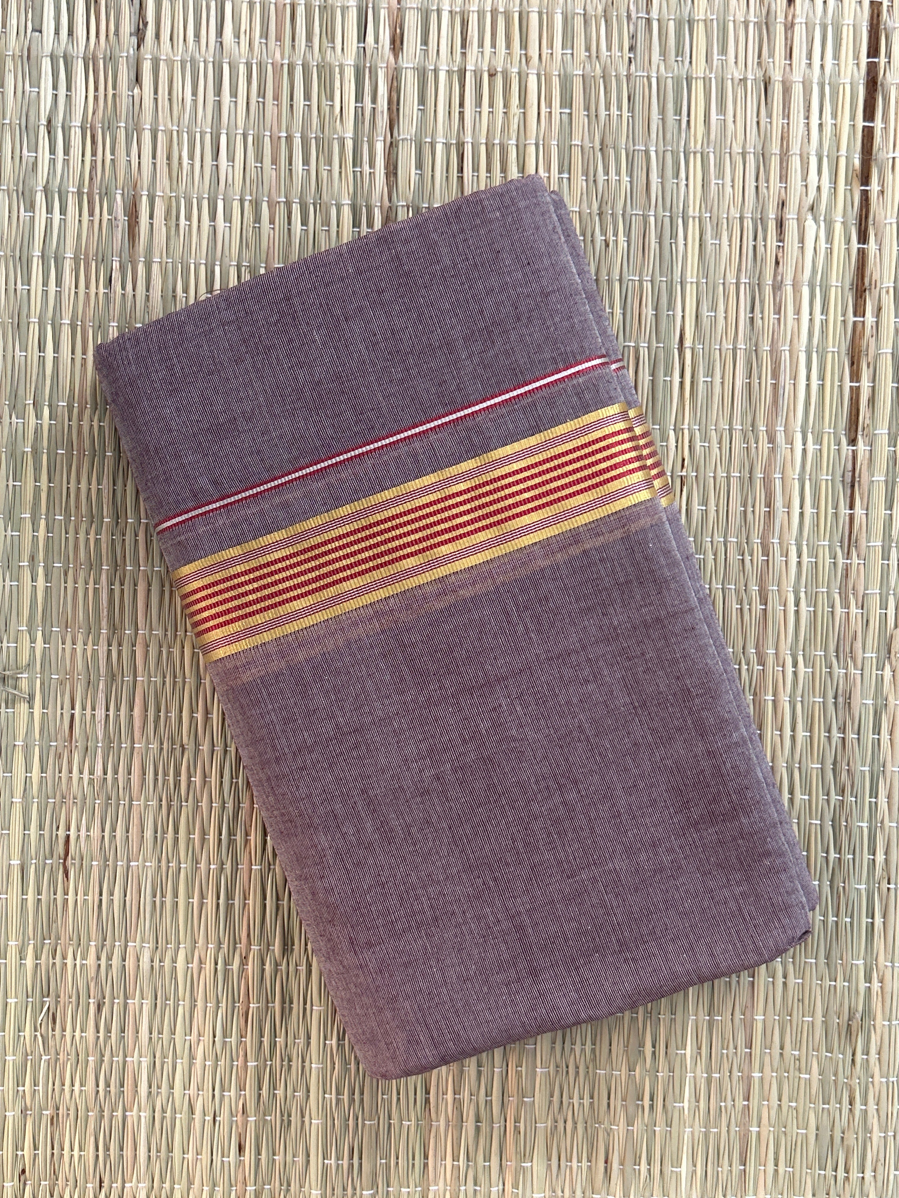 Mauve Handloom Dhothi - Gold and Maroon Zari
