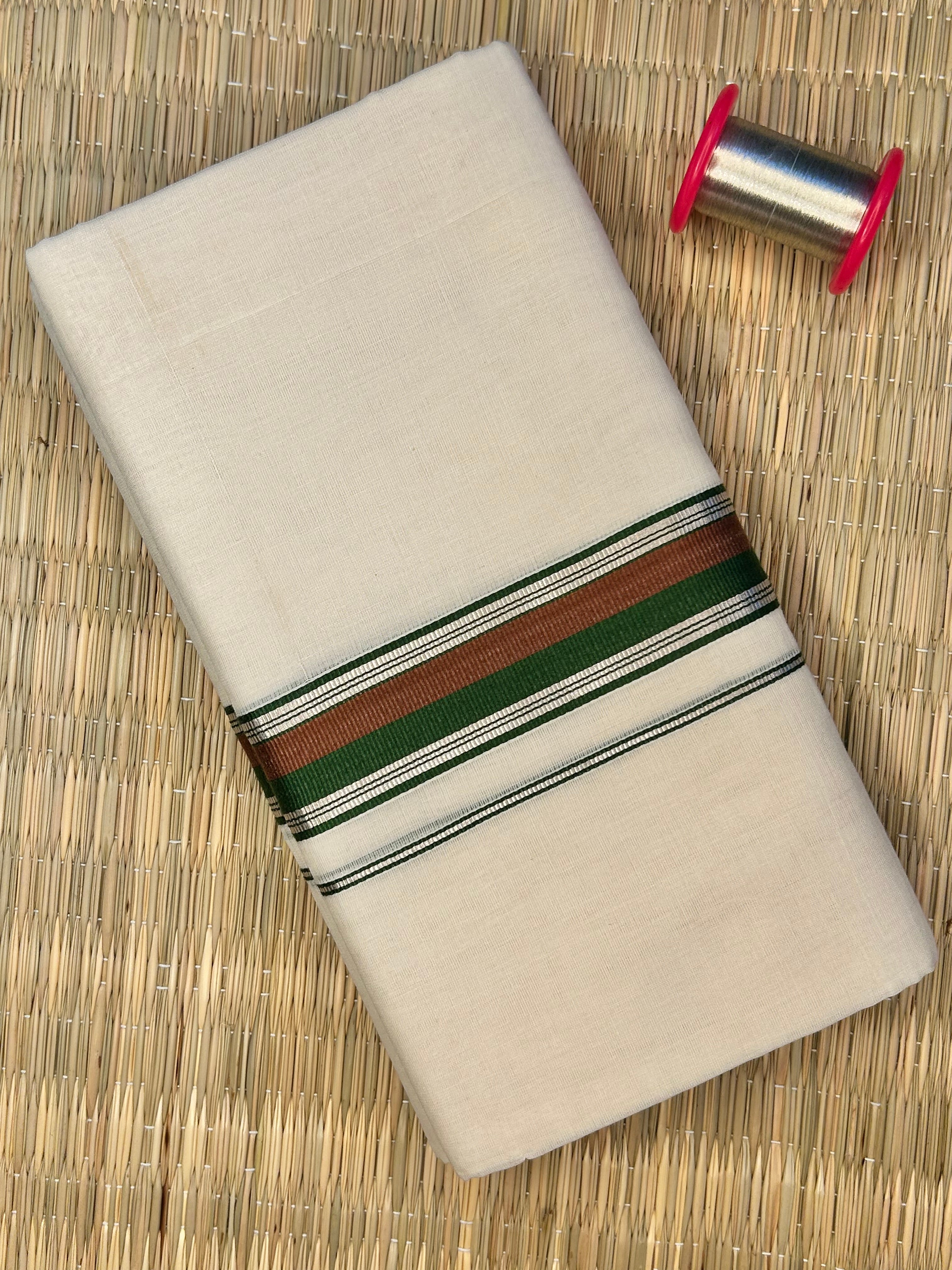 Green and Copper Zari-White Handloom Dhothi
